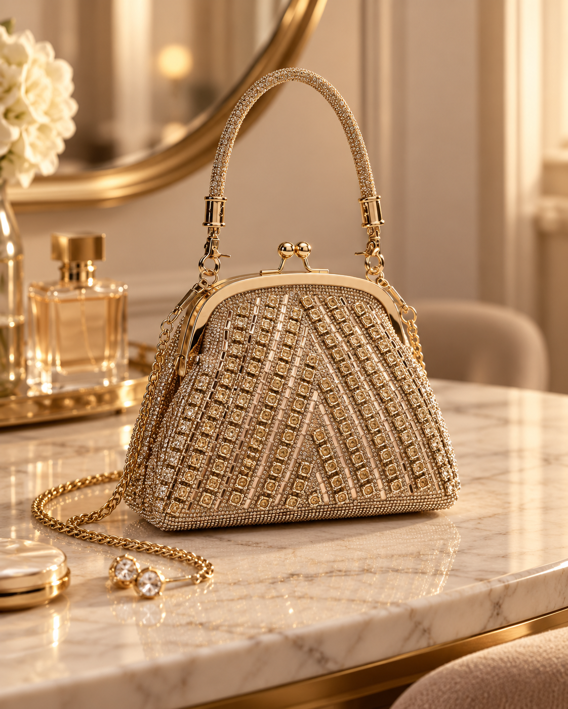 A gold embellished evening clutch purse with a beaded handle and chain, placed on a marble table, with perfume bottles and jewelry nearby.