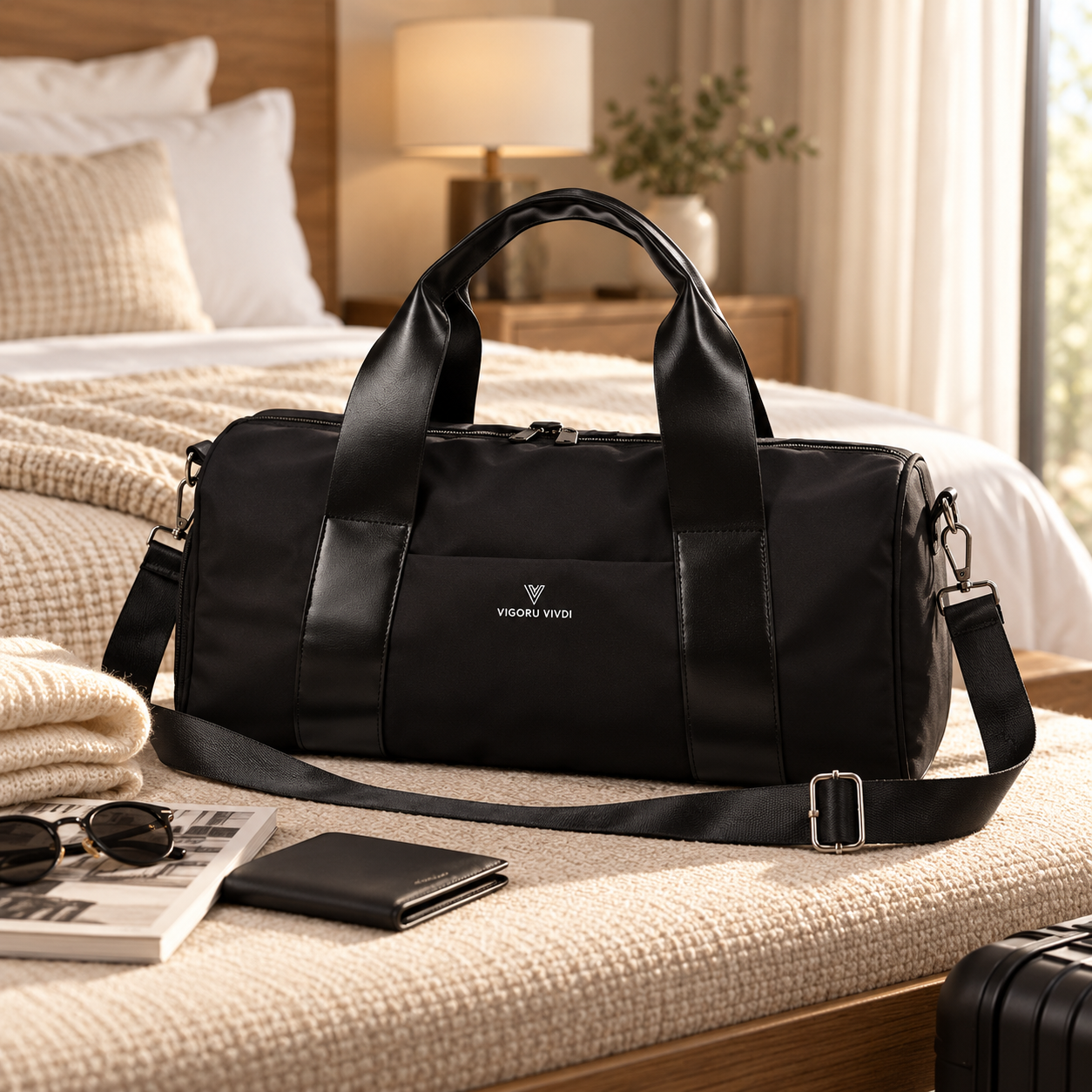 Black long duffel bag with front zippers, placed on a beige bedspread in a hotel room with a wooden headboard, a nightstand with a lamp, a plant, and large windows with curtains.