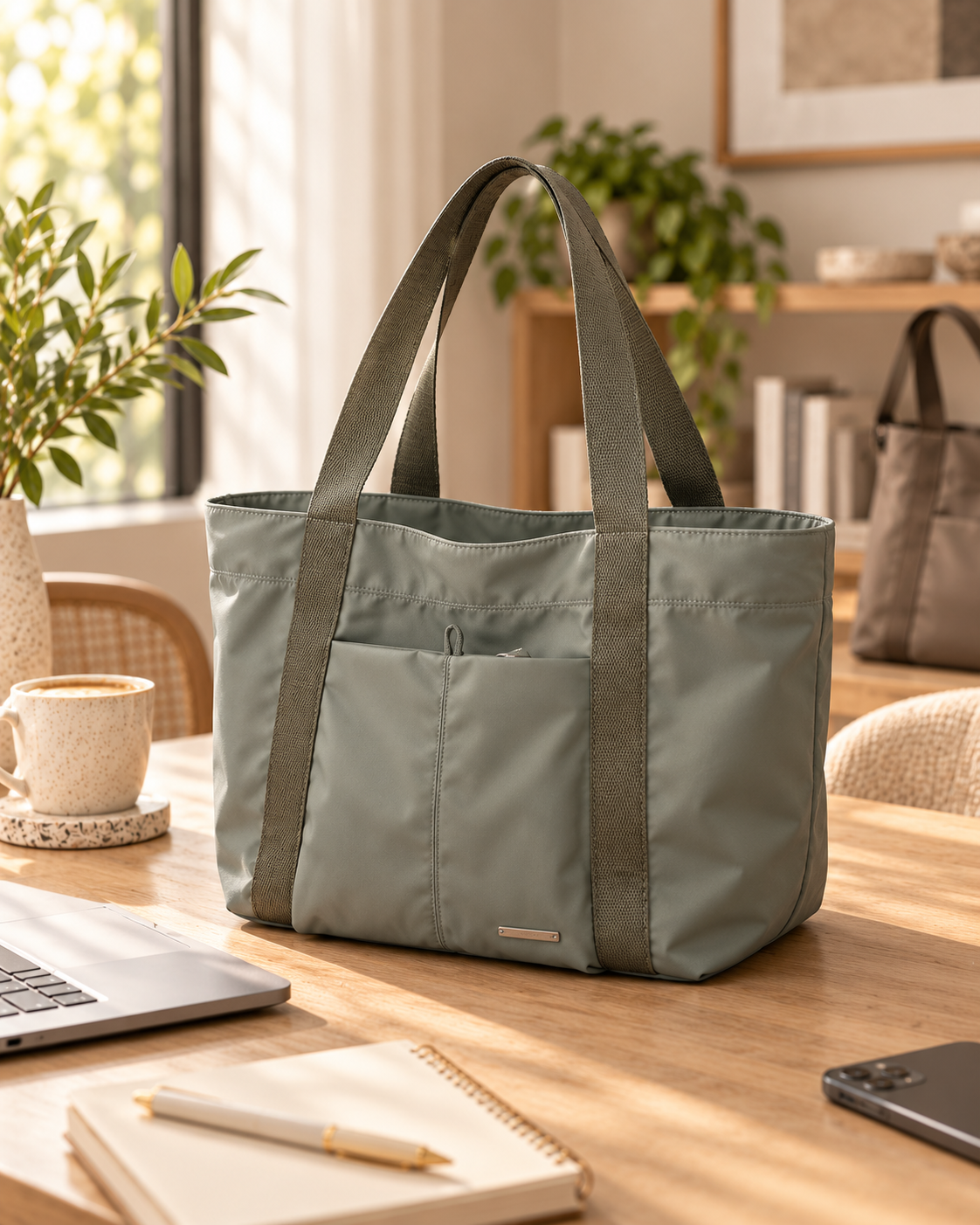 Tote bag with layered front and back sections on a wooden table in a cozy home office.