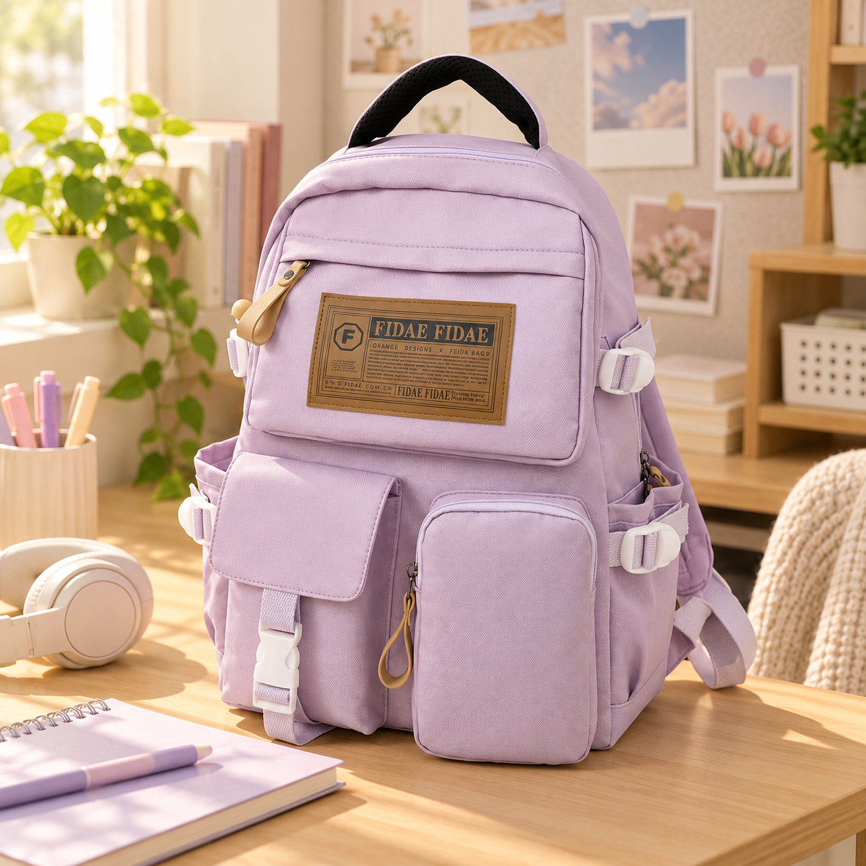 A lavender backpack with main section and 3 front compartments on a wooden desk with aNotebook, headphones, and a container of pens in a well-lit room decorated with plants and pictures.