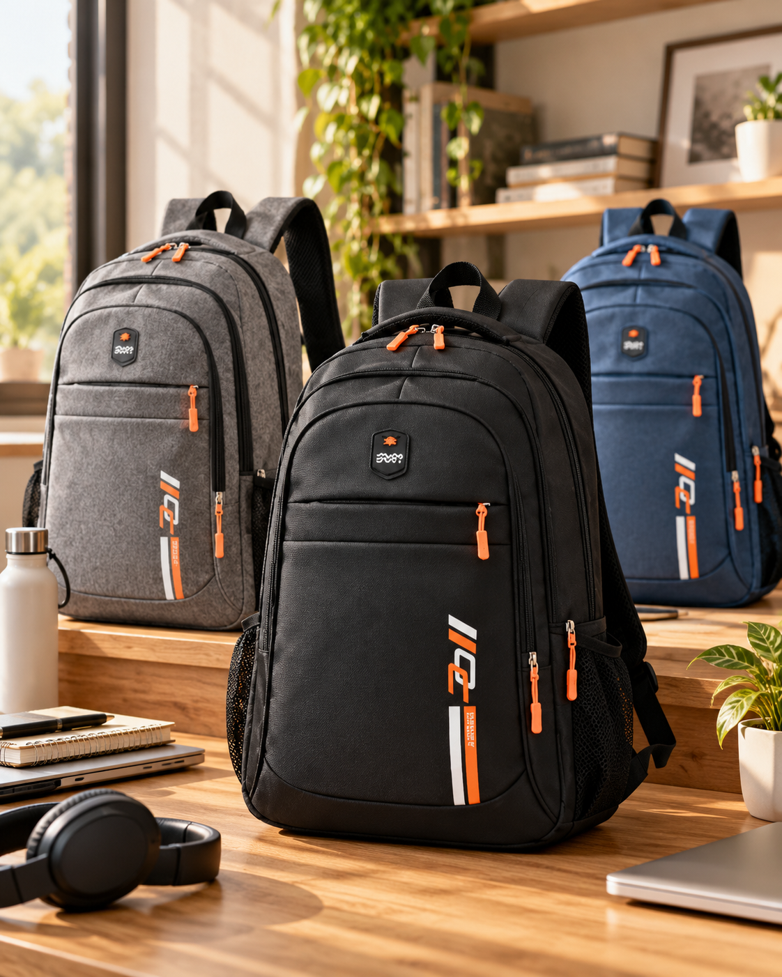 Three backpacks in black, gray, and blue with orange accents on a wooden desk in a room with natural light and houseplants.