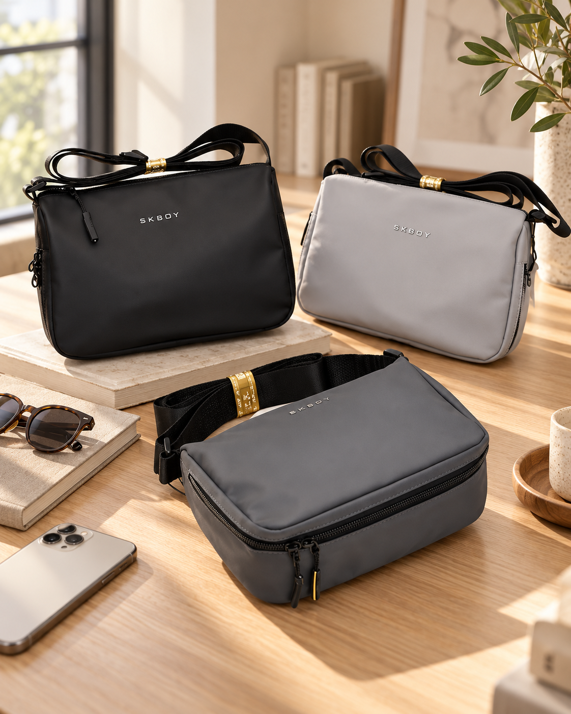 Two crossbody bags, one black and one gray, placed on a wooden table with other accessories including sunglasses, a smartphone, and a gray toiletry bag, in a well-lit room with a window and a potted plant.