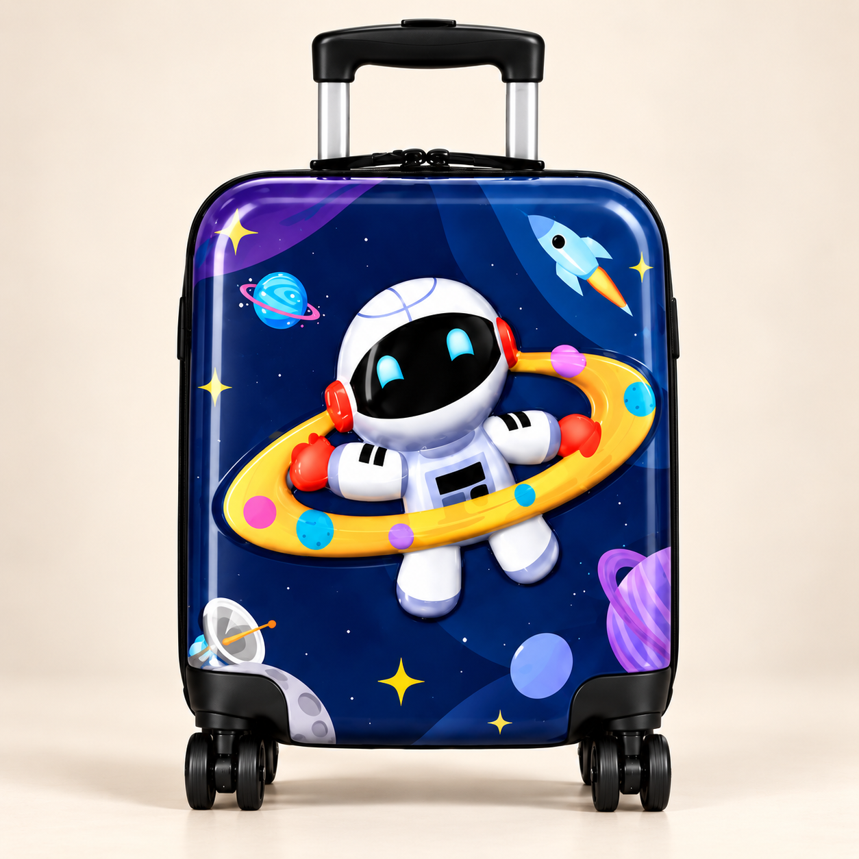 Suitcase with space-themed cartoon design featuring an astronaut robot, planets, stars, a rocket, and a satellite against a dark blue background.
