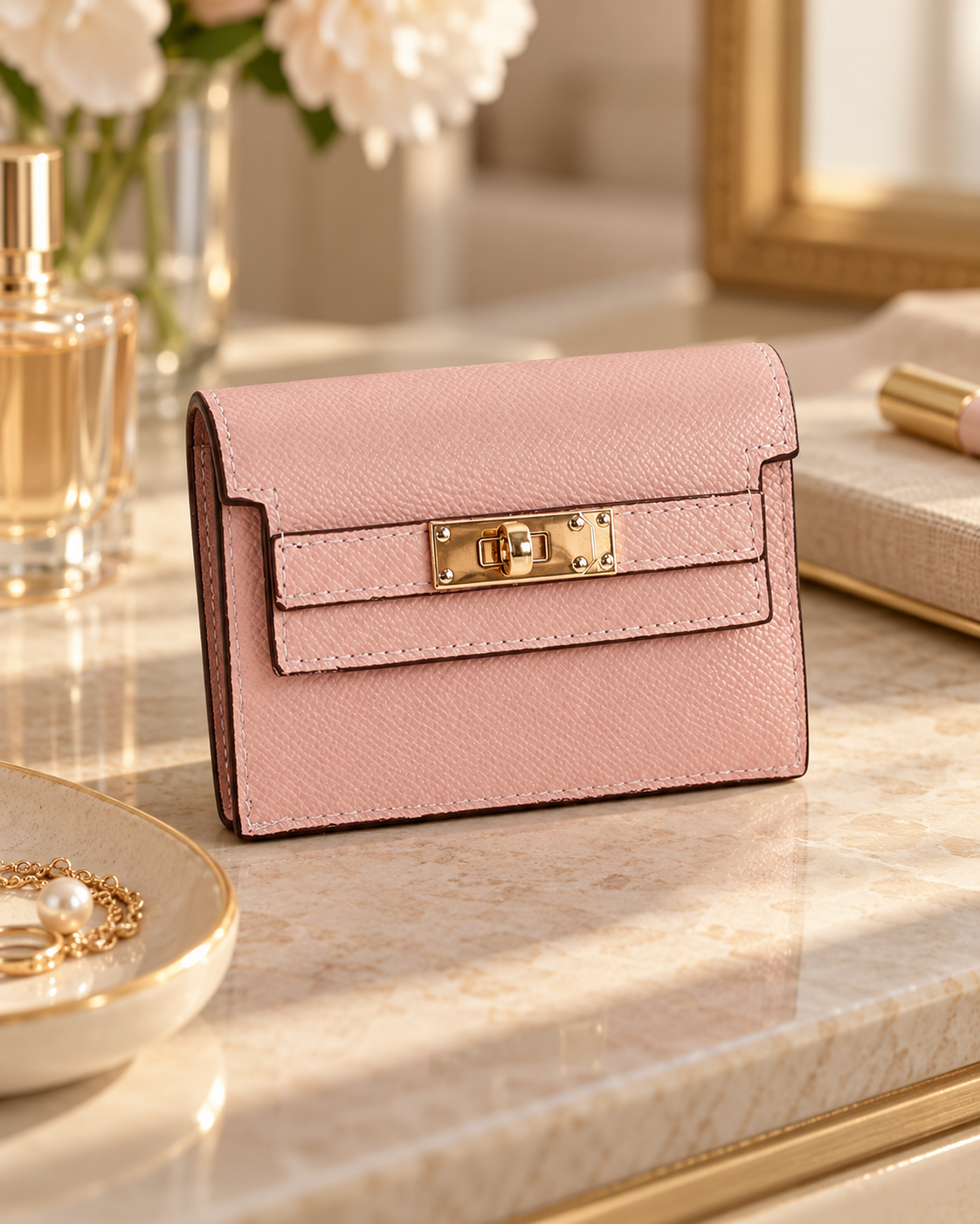 A pink textured handbag with a gold clasp on a marble tabletop.