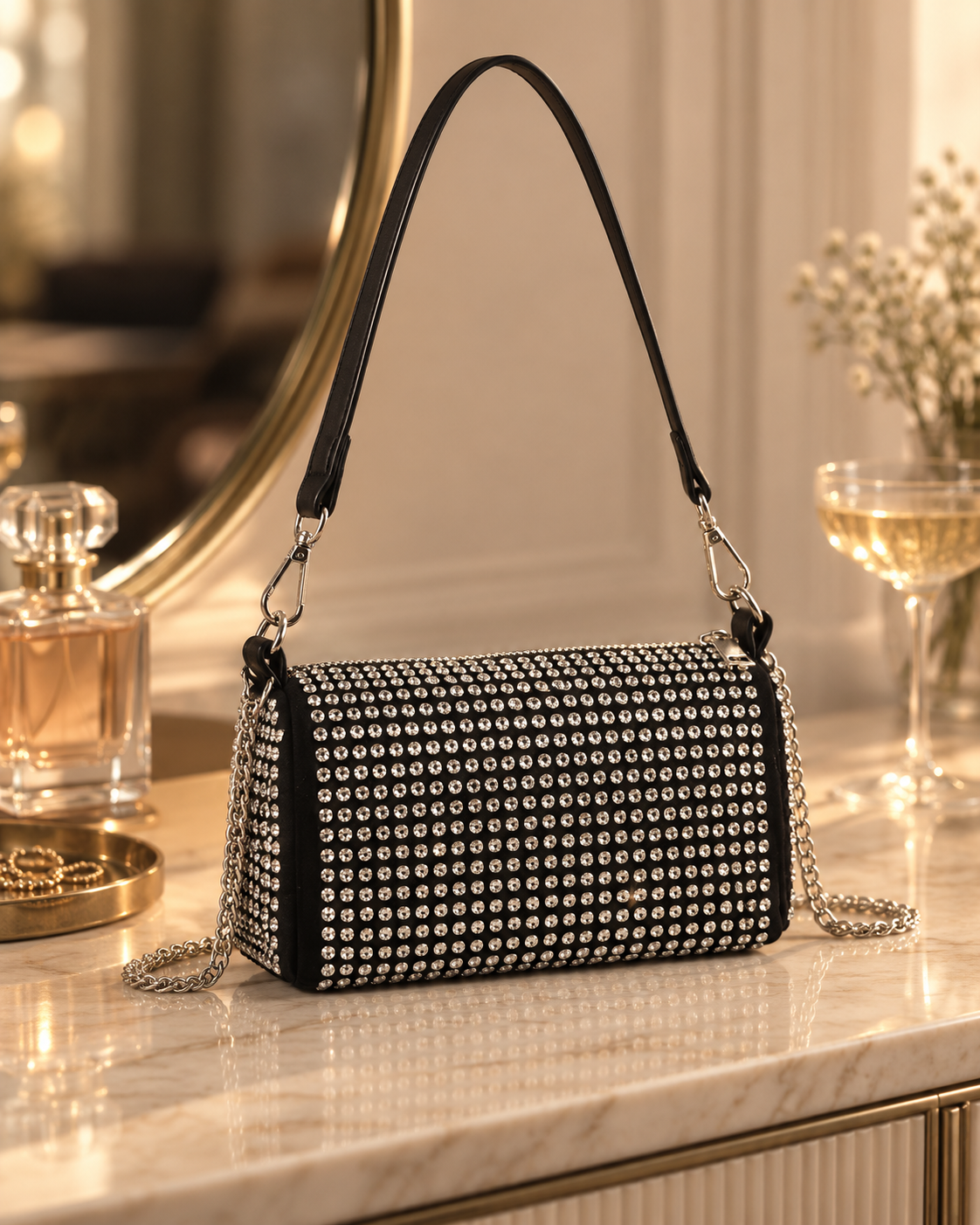 Black handbag decorated with rhinestones, sitting on a marble table in an elegant room with perfume bottles, a gold tray, and a flower in the background.