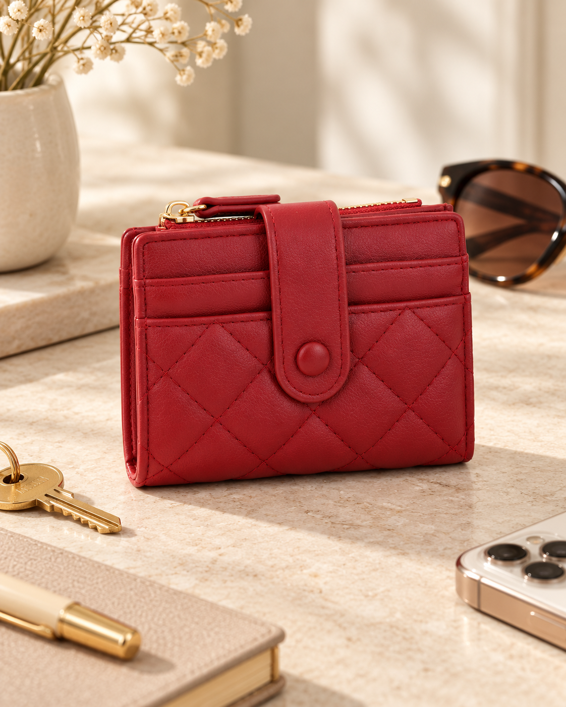 Red quilted leather wallet with a snap closure on a beige countertop.