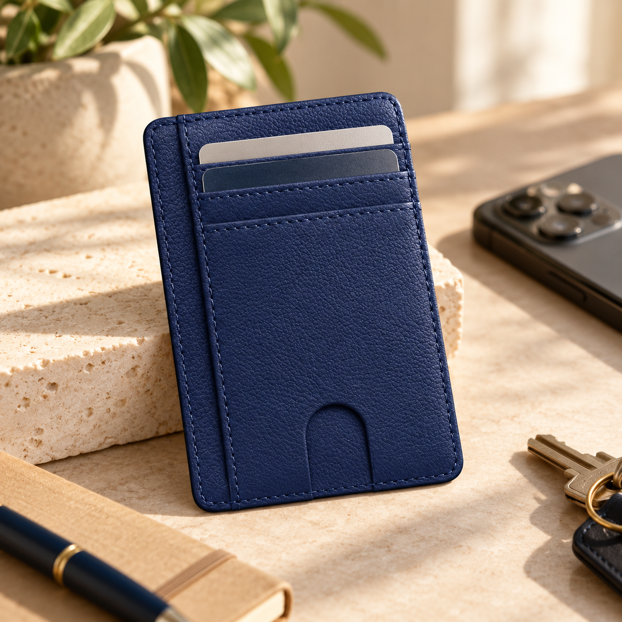 A blue leather card holder with two visible credit cards inside, placed on a beige marble surface.