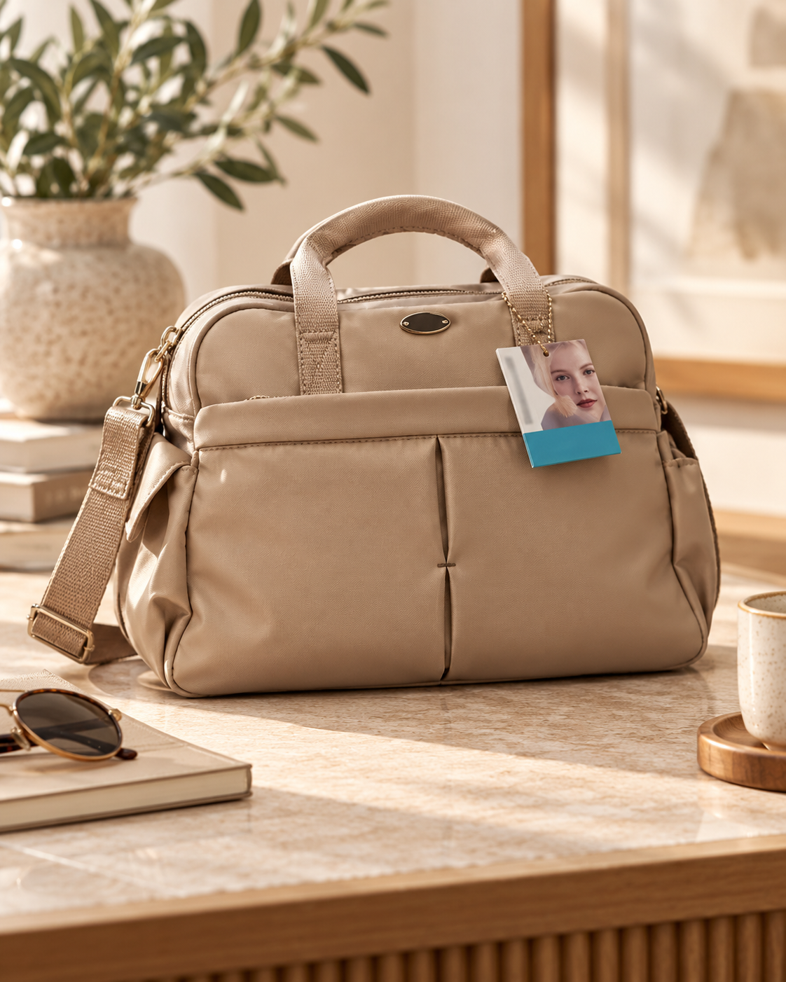 Beige multi-compartments diaper bag with handles and strap on a wooden table with a plant and books in the background, a cup and sunglasses nearby.