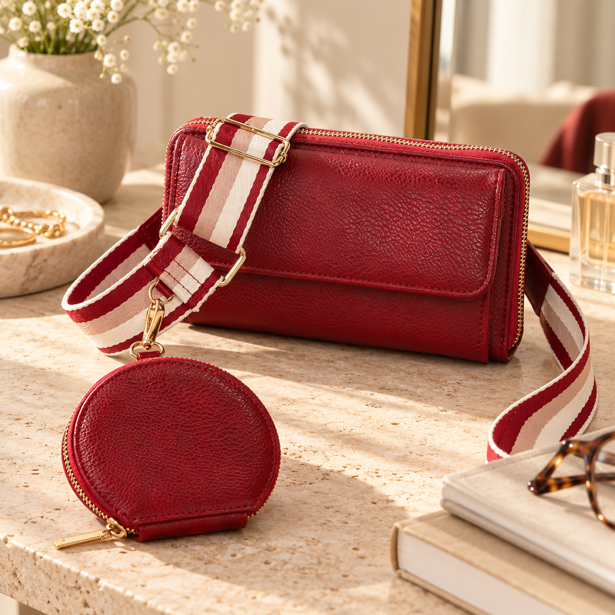 Red leather clutch purse with a matching round coin purse attached, placed on a marble surface near a book and sunglasses.