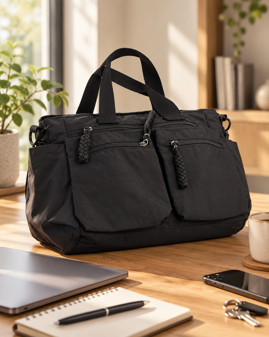 Black travel duffle bag with separate front sections on a wooden desk with a notebook, pen, laptop, and a smartphone nearby, in a cozy room with a window, a plant, and books on a shelf.
