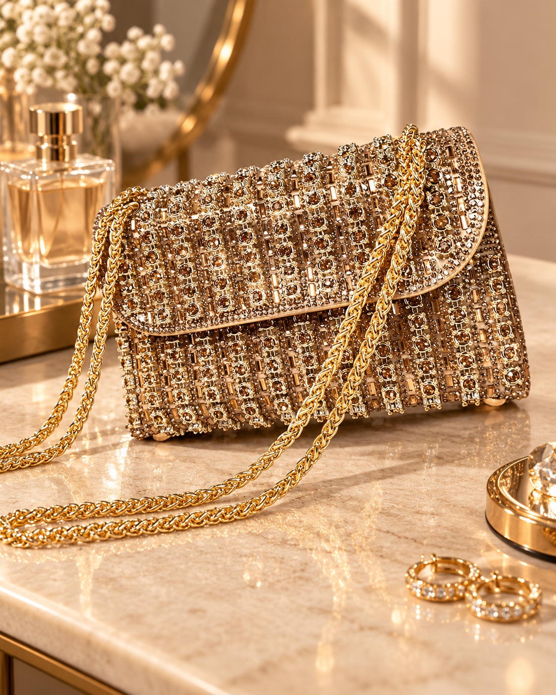 A gold and silver embellished purse with a gold chain strap, placed on a marble surface, with jewelry and perfume bottles in the background.