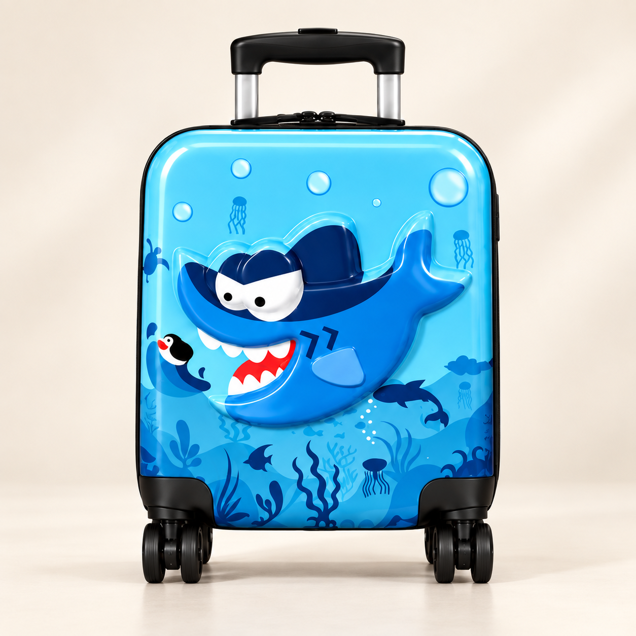 Blue children’s suitcase with cartoon shark design underwater scene including jellyfish, fish, and coral