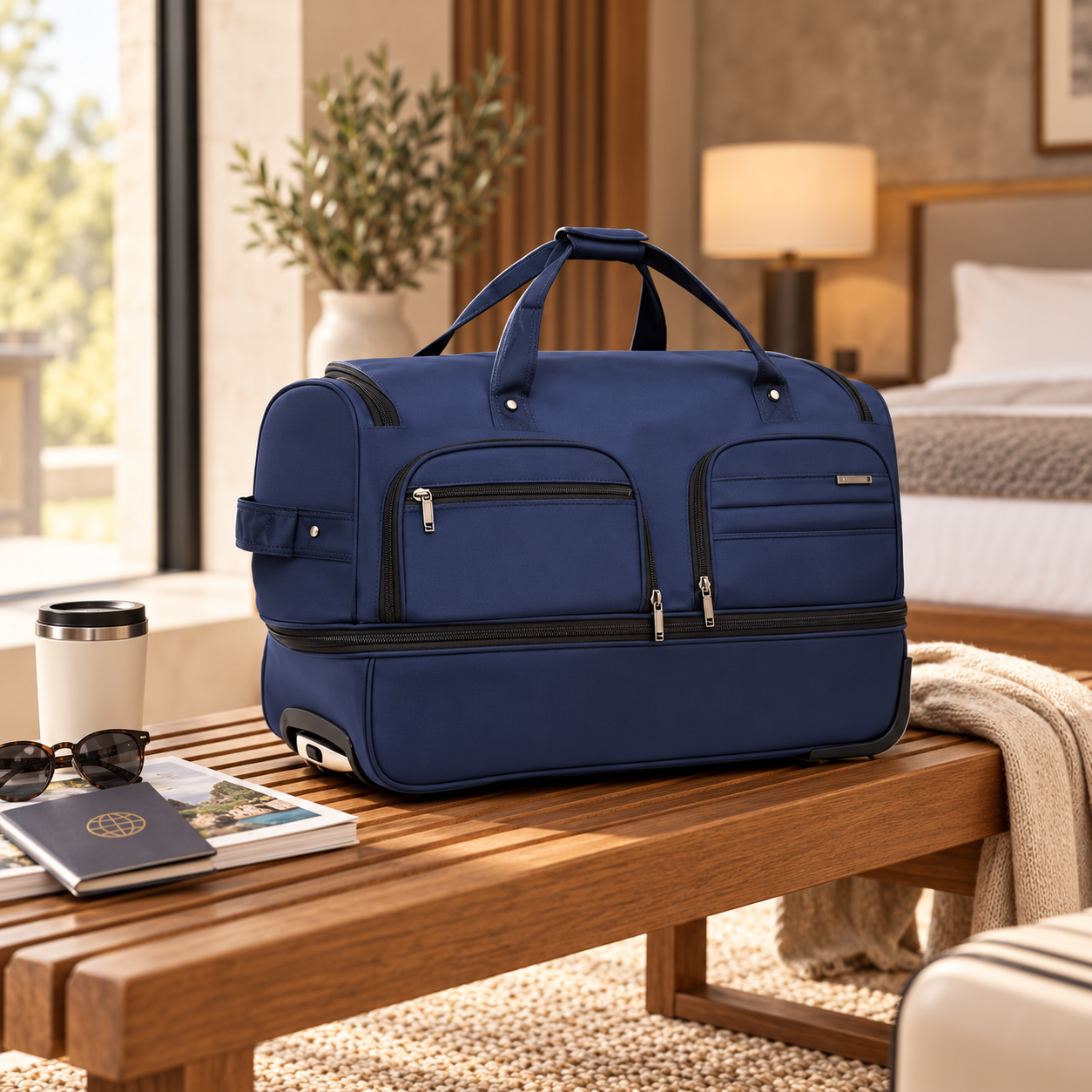 A blue carry-on travel duffel bag with multiple zip-access sections on a wooden table in a hotel room with a bed, side lamp, and potted plant in the background.