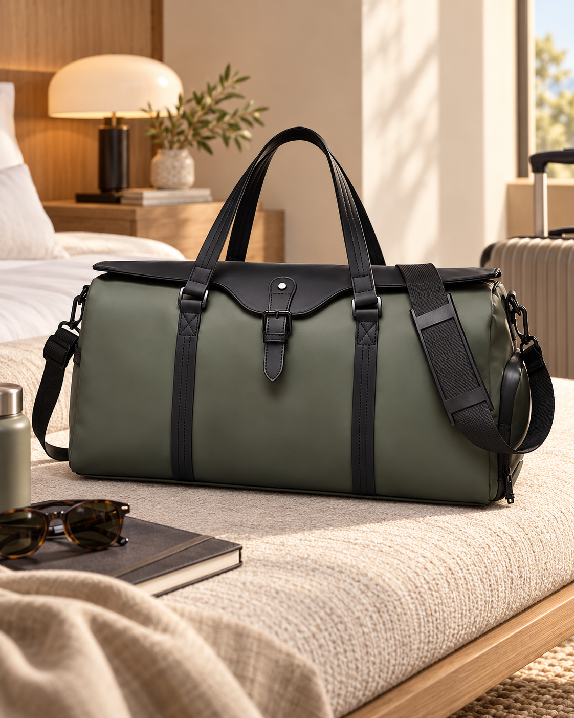 A green and black duffel bag on a bed in a hotel room.