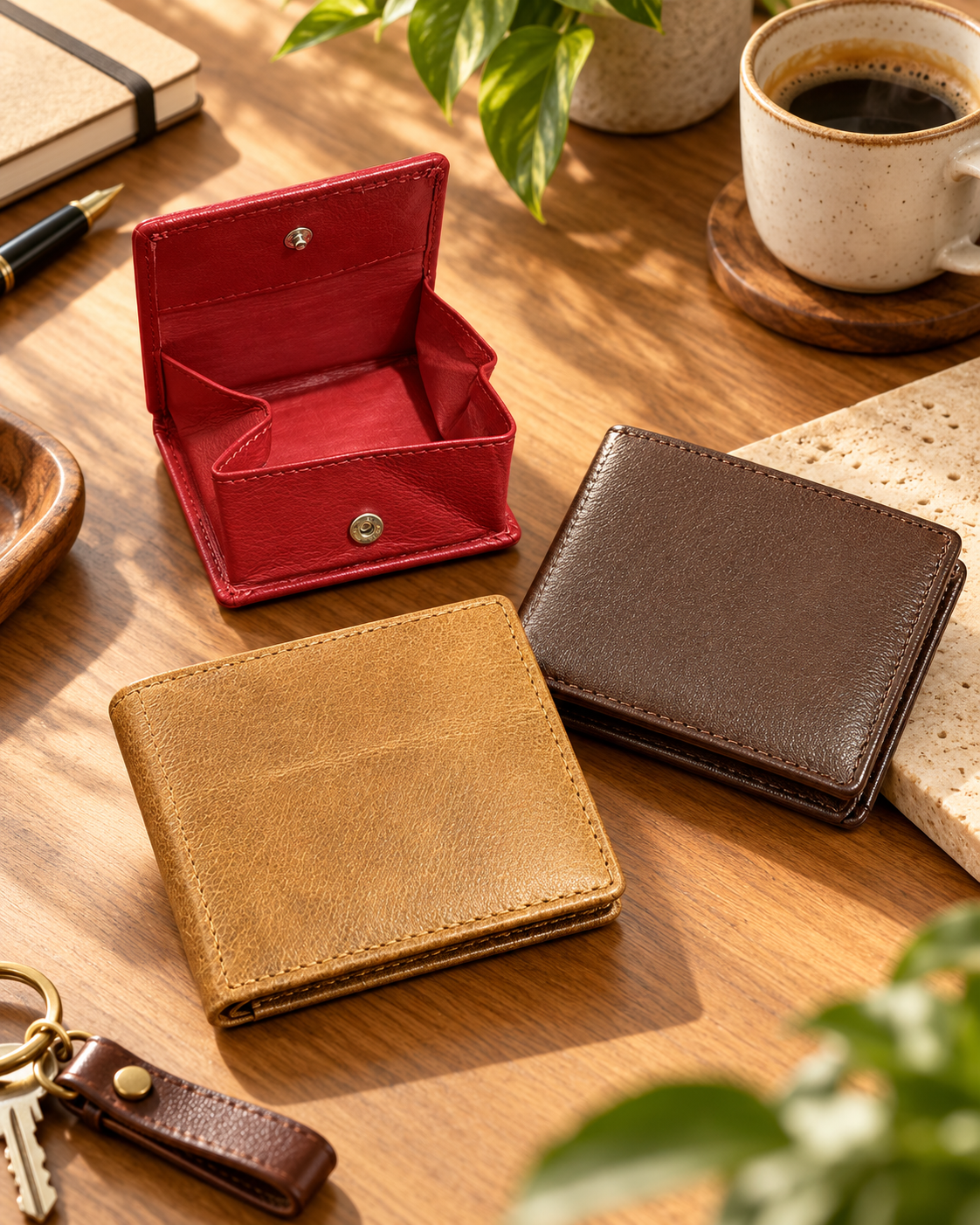 Open red leather coin wallet on wooden desk surrounded by closed wallets in brown and tan, coffee cup, plant, and notebook.