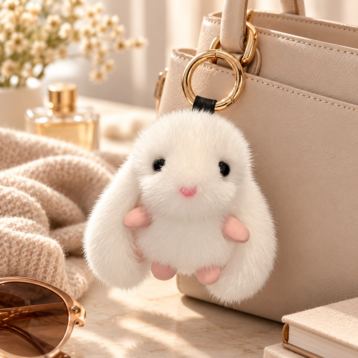 A plush white bunny keychain with pink features hanging from a beige handbag with gold rings.
