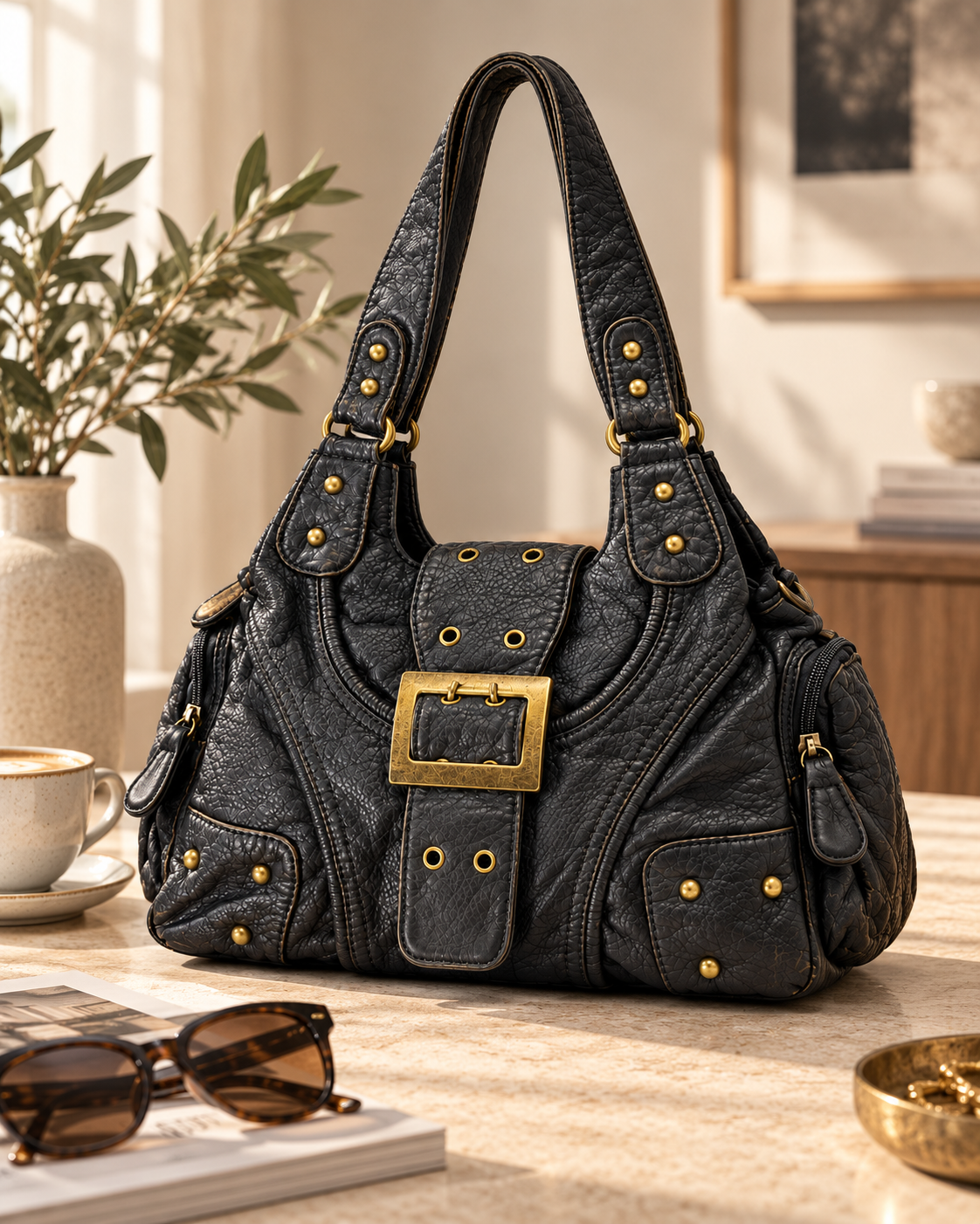 Black leather handbag with gold accents on a table with sunglasses, a magazine, a cup, and a decorative bowl.