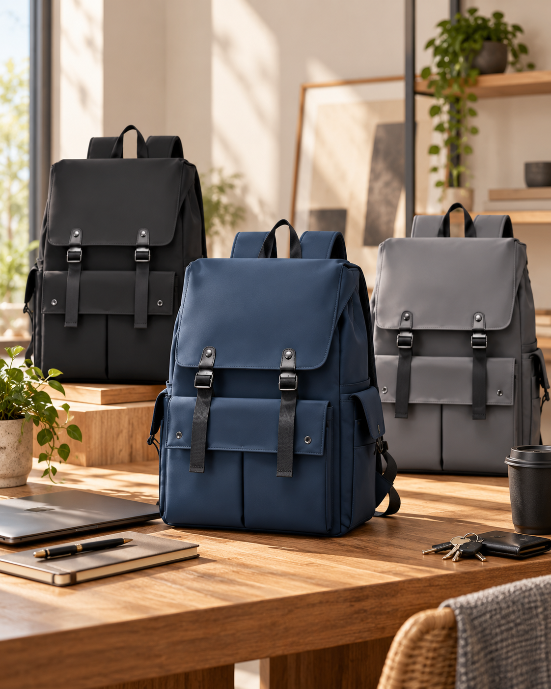Three backpacks with front and side compartments in black, blue, and gray are displayed on a wooden table in a bright room with wooden shelves and green plants.