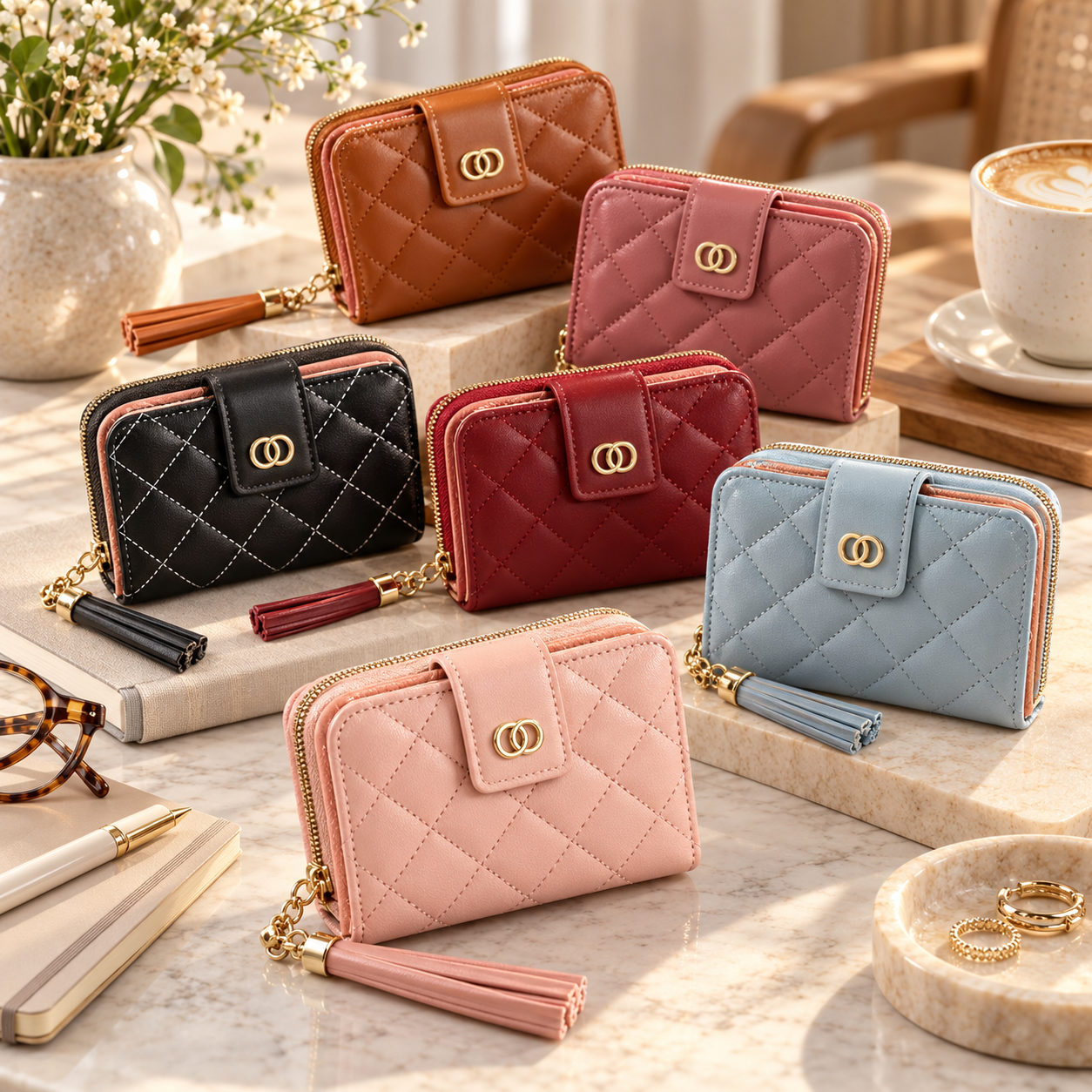 Colorful quilted wallets with tassel charms arranged on a marble surface.
