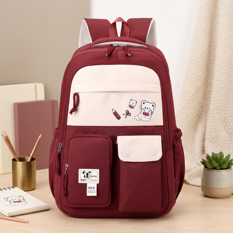 Red and white backpack with multiple front-access pockets with bear and pencil embroidered patches, on a light wooden desk with a potted succulent, notebooks, and a gold cup holding pencils.