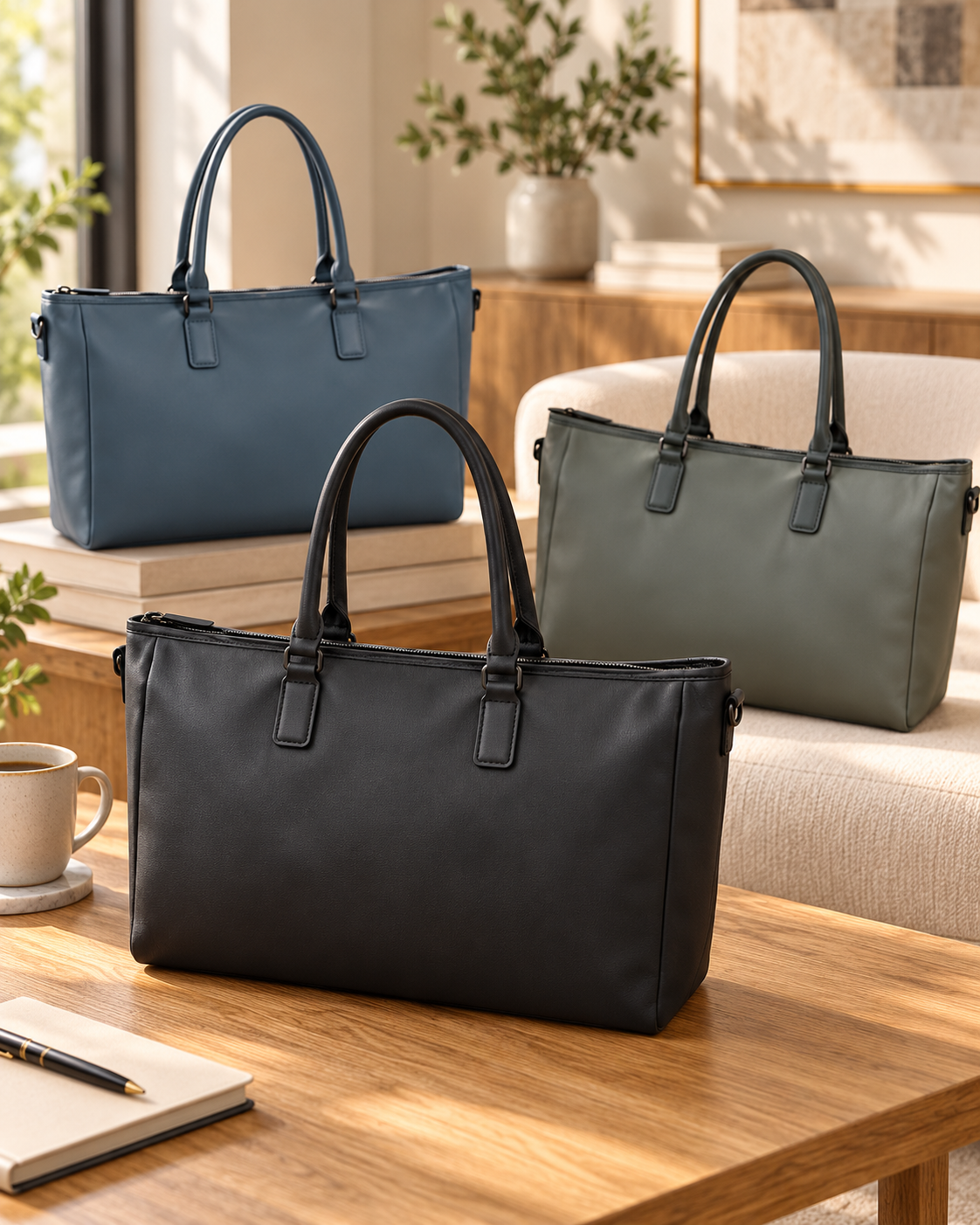 Three leather handbags with multiple compartments in black, blue, and green on a wooden table in a cozy room with a beige couch, potted plants, and a cup.