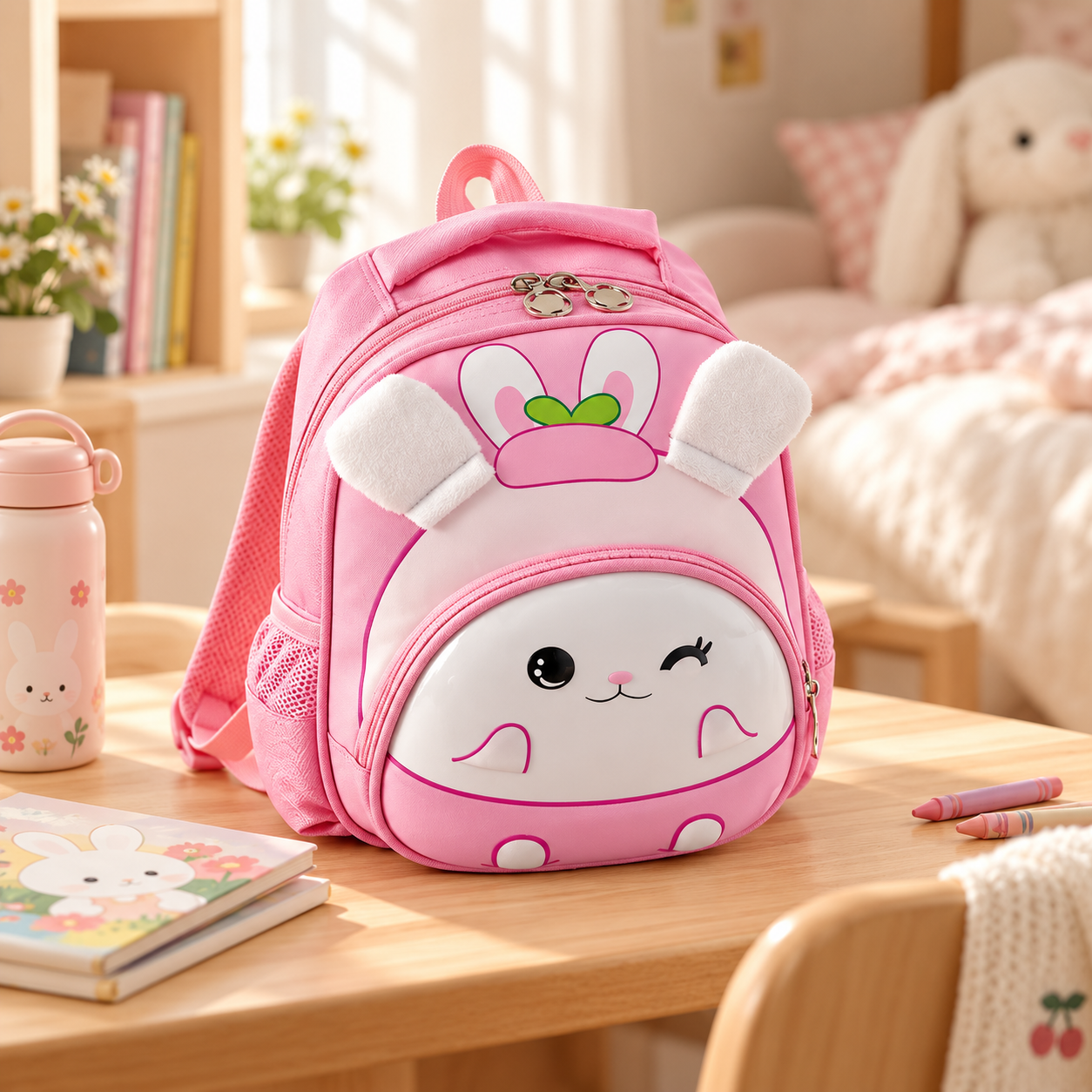 A pink children's backpack with a cute bunny face design and floppy ears, sitting on a wooden table in a cozy, decorated bedroom. Nearby are a pink water bottle and a children's book featuring a bunny illustration.