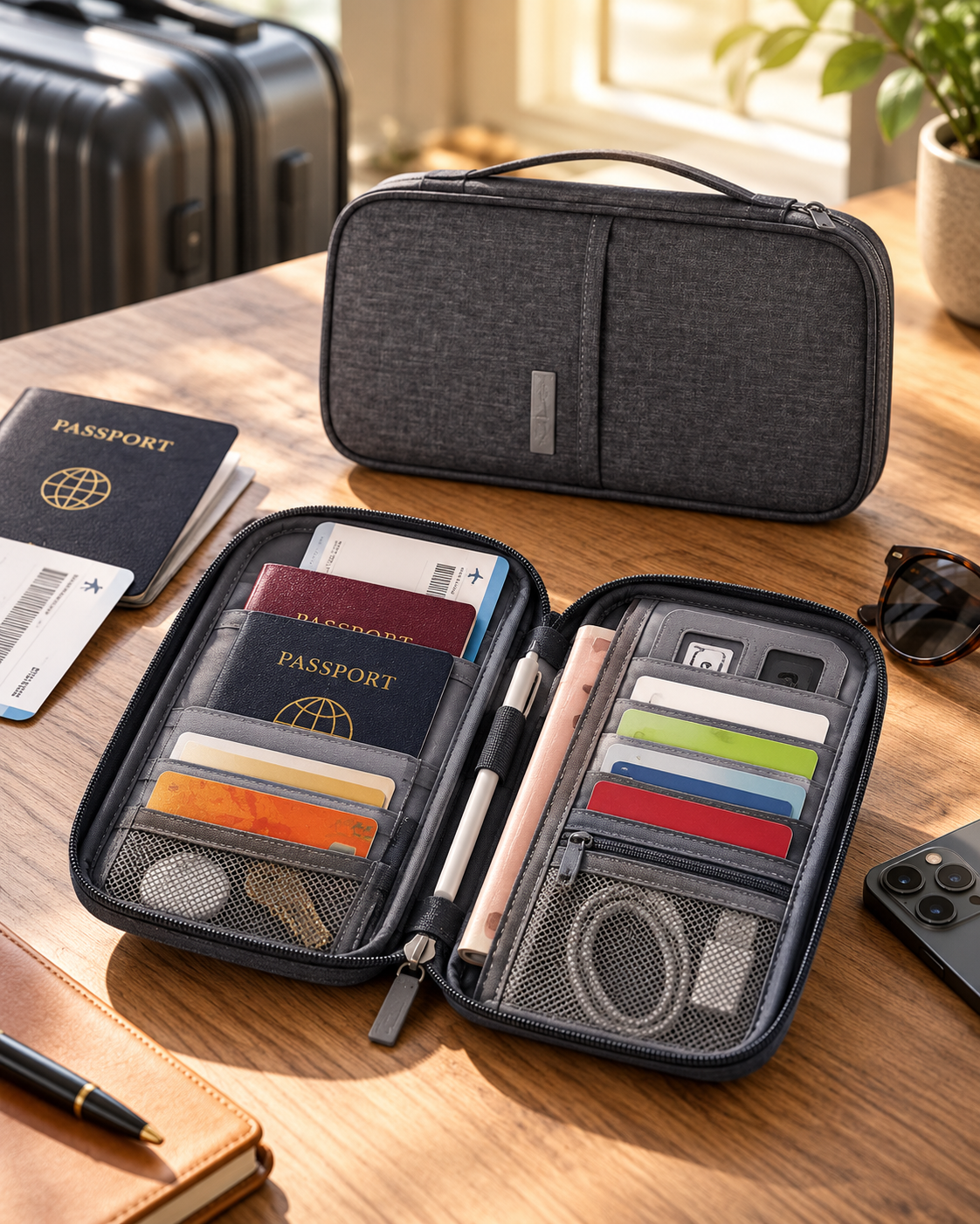 An organized travel packing set on a wooden desk, including a closed black travel case, an open travel organizer with passports, credit cards, and travel documents, a pair of sunglasses, a smartphone, a pen, and a notebook, with a suitcase and a potted plant in the background.