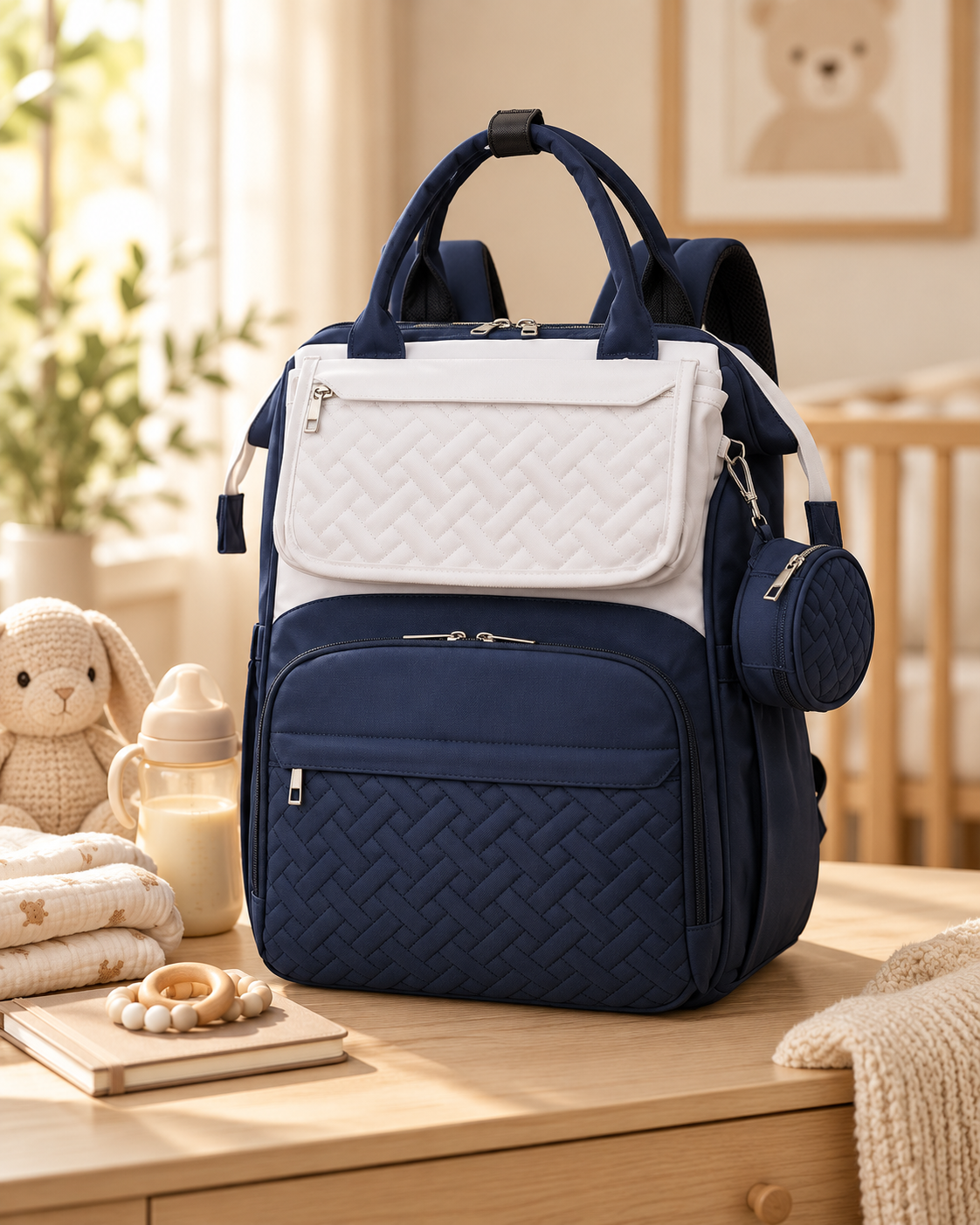 A blue and white bagpack with smaller pouches on a wooden table, surrounded by baby items including a knitted bunny, a bottle of formula, a pacifier, a book, and a blanket, in a nursery with natural lighting and plants.