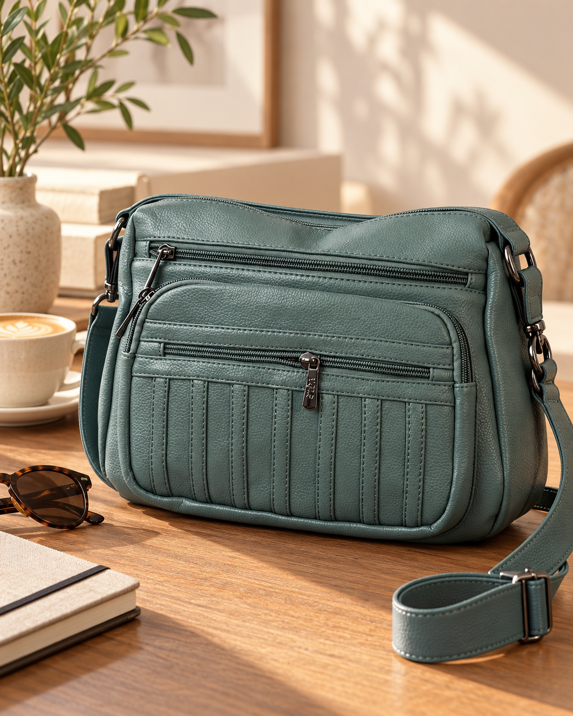 A teal leather shoulder bag with multiple front zippers resting on a wooden table with a pair of sunglasses, a notebook, a cup of coffee, a potted plant, and some books in the background.
