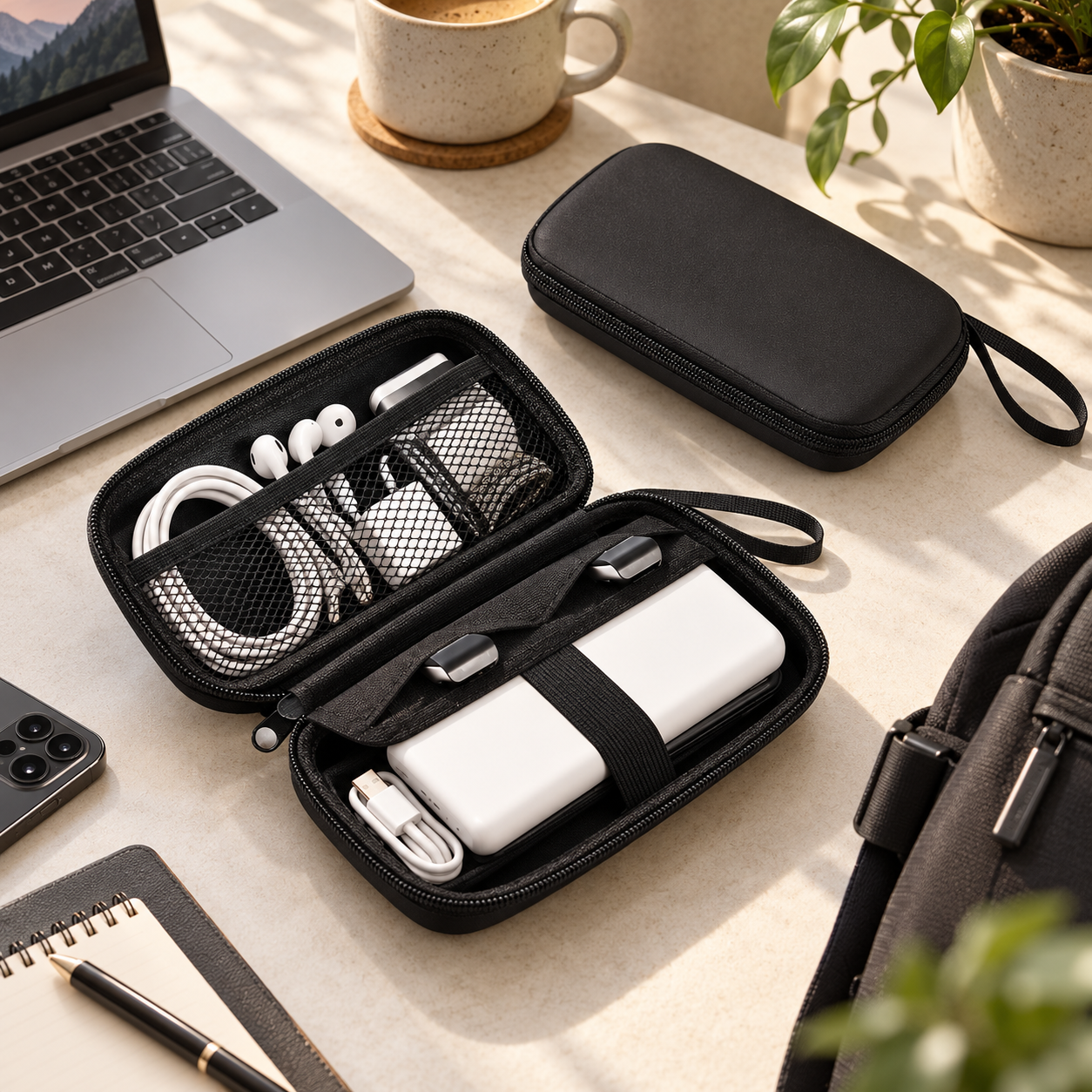 A workspace with a laptop, two black zippered cases, one open with electronic accessories inside, a reusable coffee mug, a smartphone, a notepad with a pen, and a black backpack, all on a light-colored surface near a potted plant.