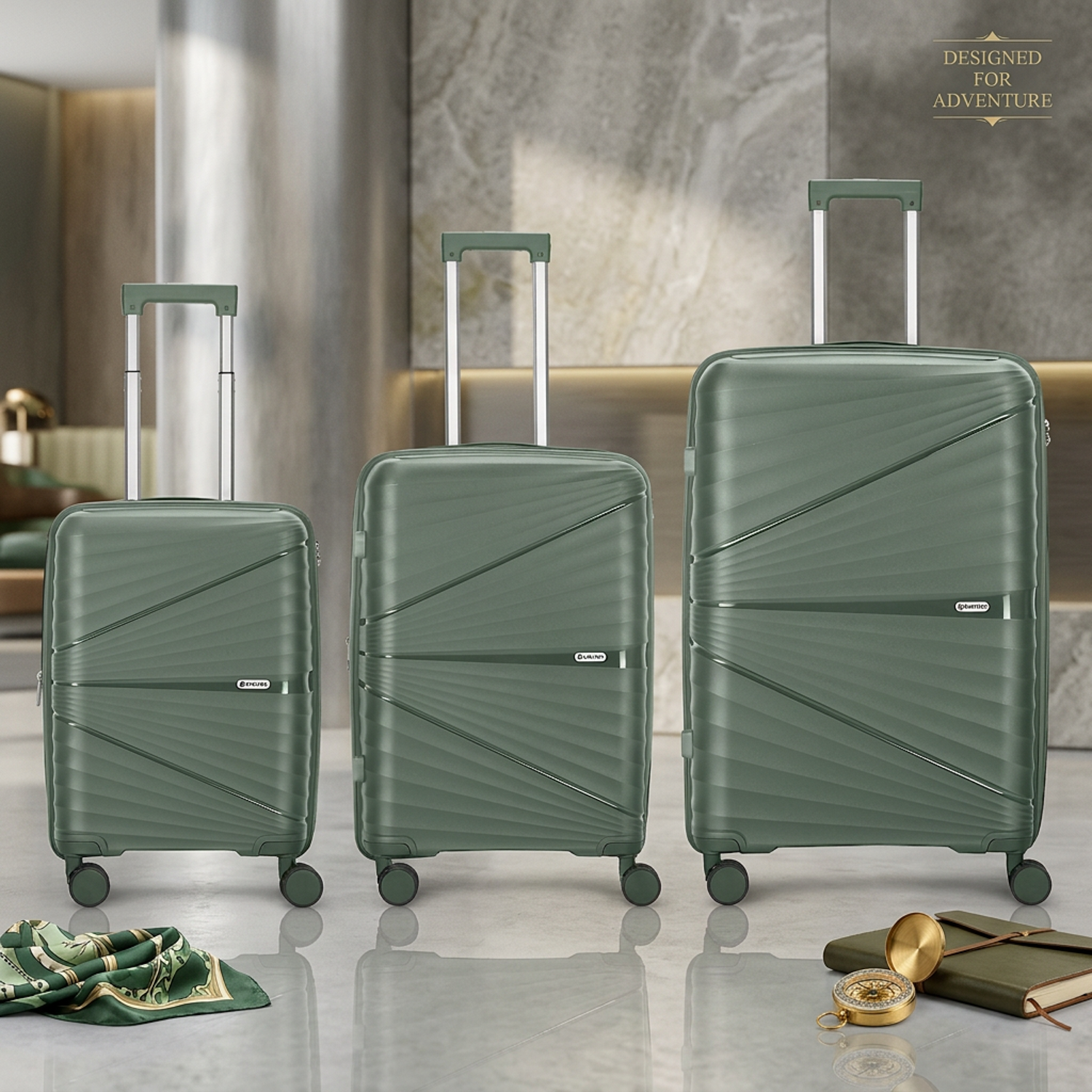Three green hardside suitcases with telescoping handles and wheels are arranged in a row on a polished floor in an indoor setting.