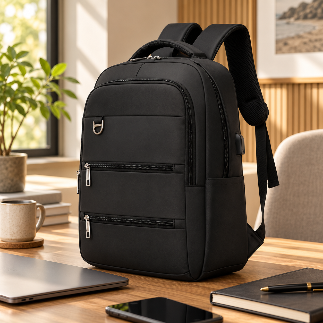 Black backpack with main compartment and 3 front zipper sections on a wooden desk with a laptop, notebook, smartphone, a cup, and a plant in a bright room with window and framed photo.