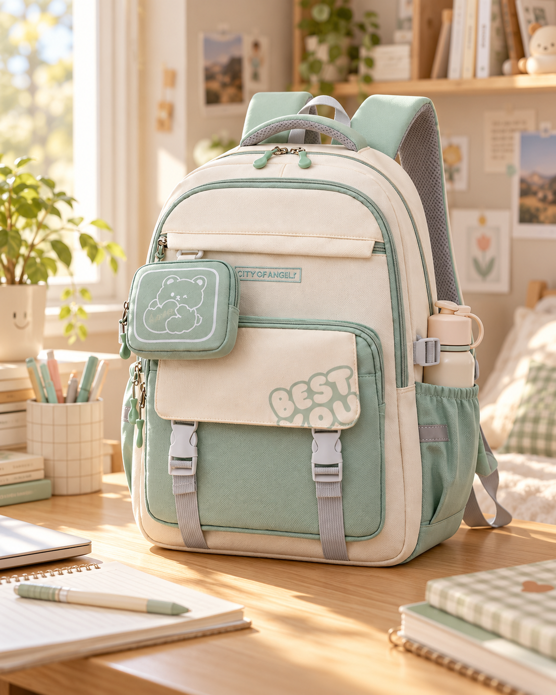 A pastel green and beige backpack with multiple compartments, placed on a wooden desk with notebooks, pens, and a laptop, in a bright, cozy room decorated with plants and pictures.