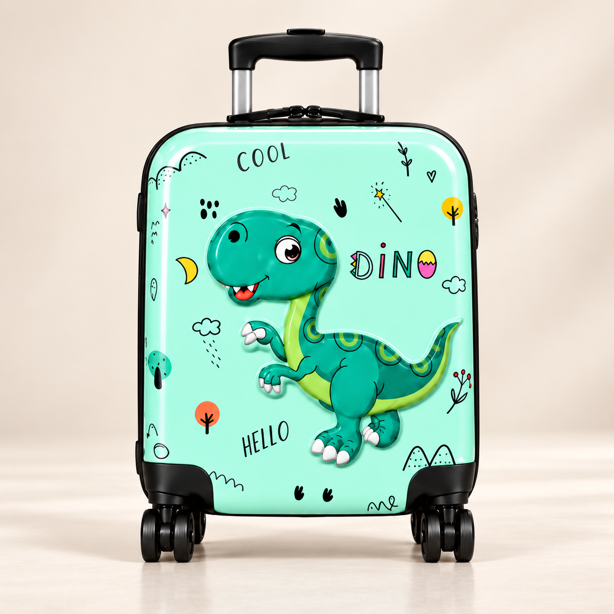 A children's suitcase decorated with a cartoon dinosaur and playful doodles, including the words 'cool', 'hello', and 'dino'.