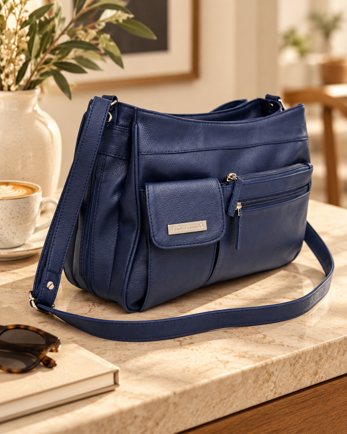 A blue leather handbag with multiple zippered pockets, a front flap resting on a light-colored marble table.