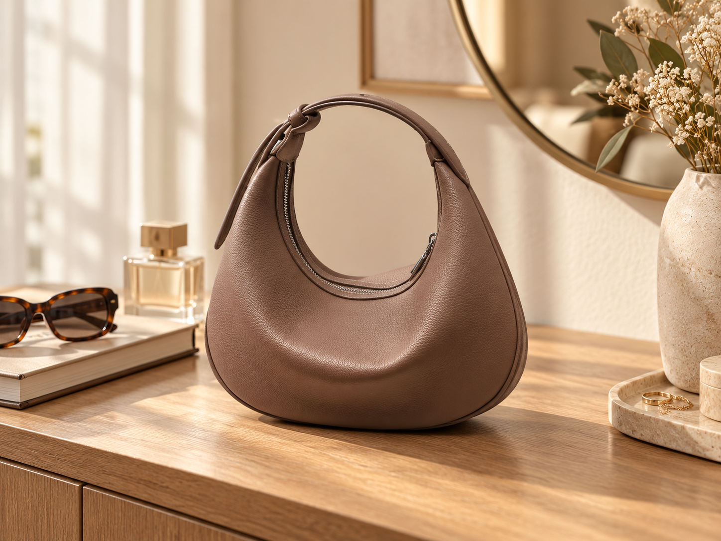 A brown leather handbag on a wooden dresser, beside sunglasses, a perfume bottle, and jewelry, with a mirror and decorative vase with flowers in the background.