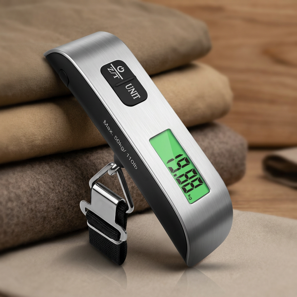 Digital luggage scale displaying up to 50kg, resting on stacked folded clothes.