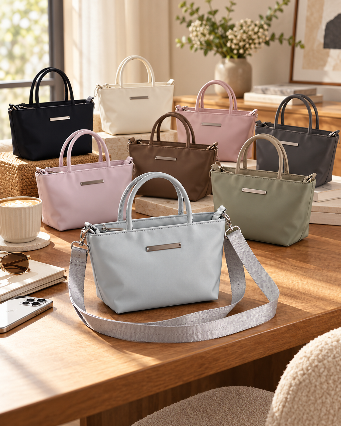 Collection of cute handbags in various pastel and neutral colors displayed on a wooden table with a living room background.