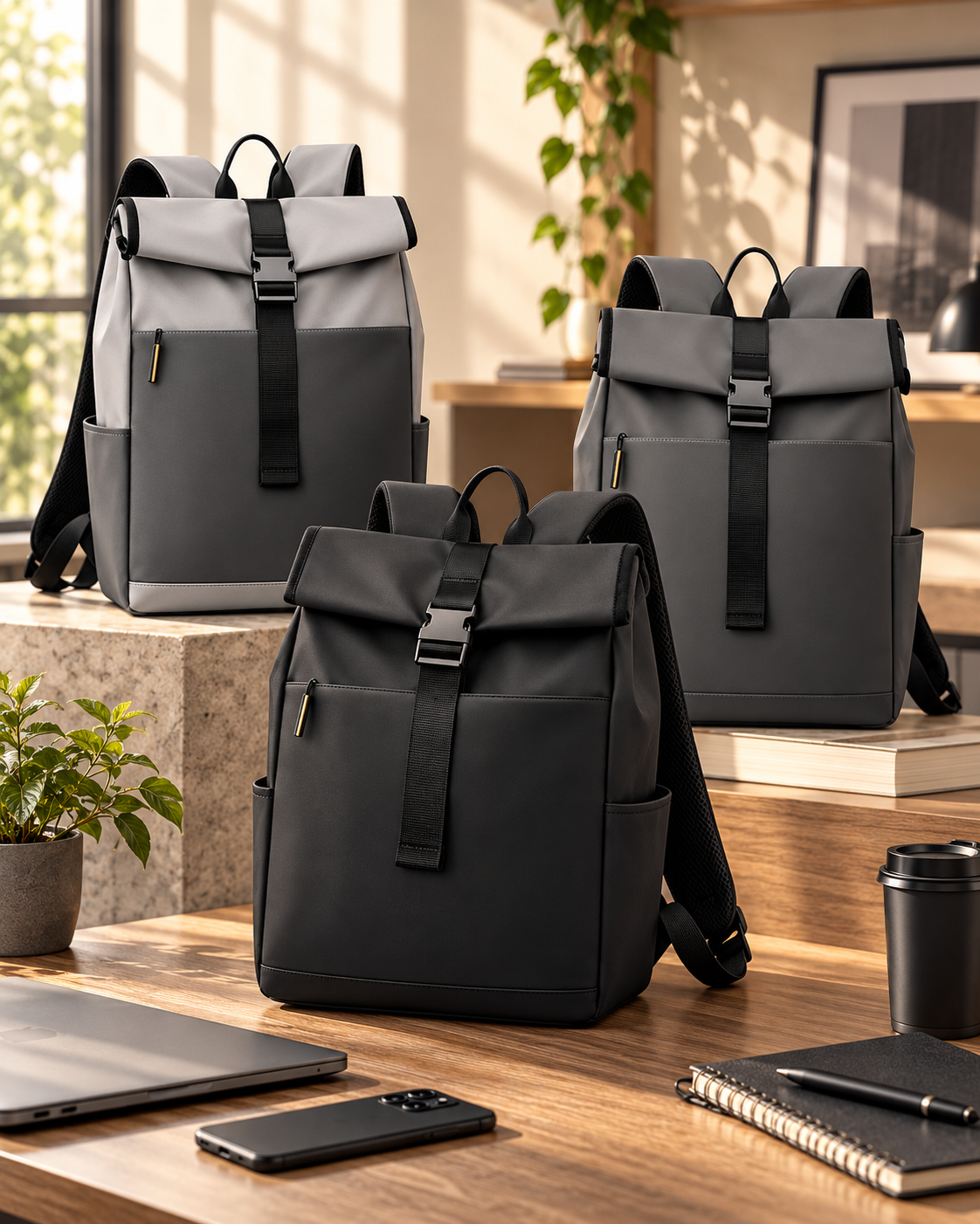Three black and gray backpacks with full size compartments on a wooden desk in a bright office space, with a potted plant, laptop, smartphone, coffee cup, and notebooks.
