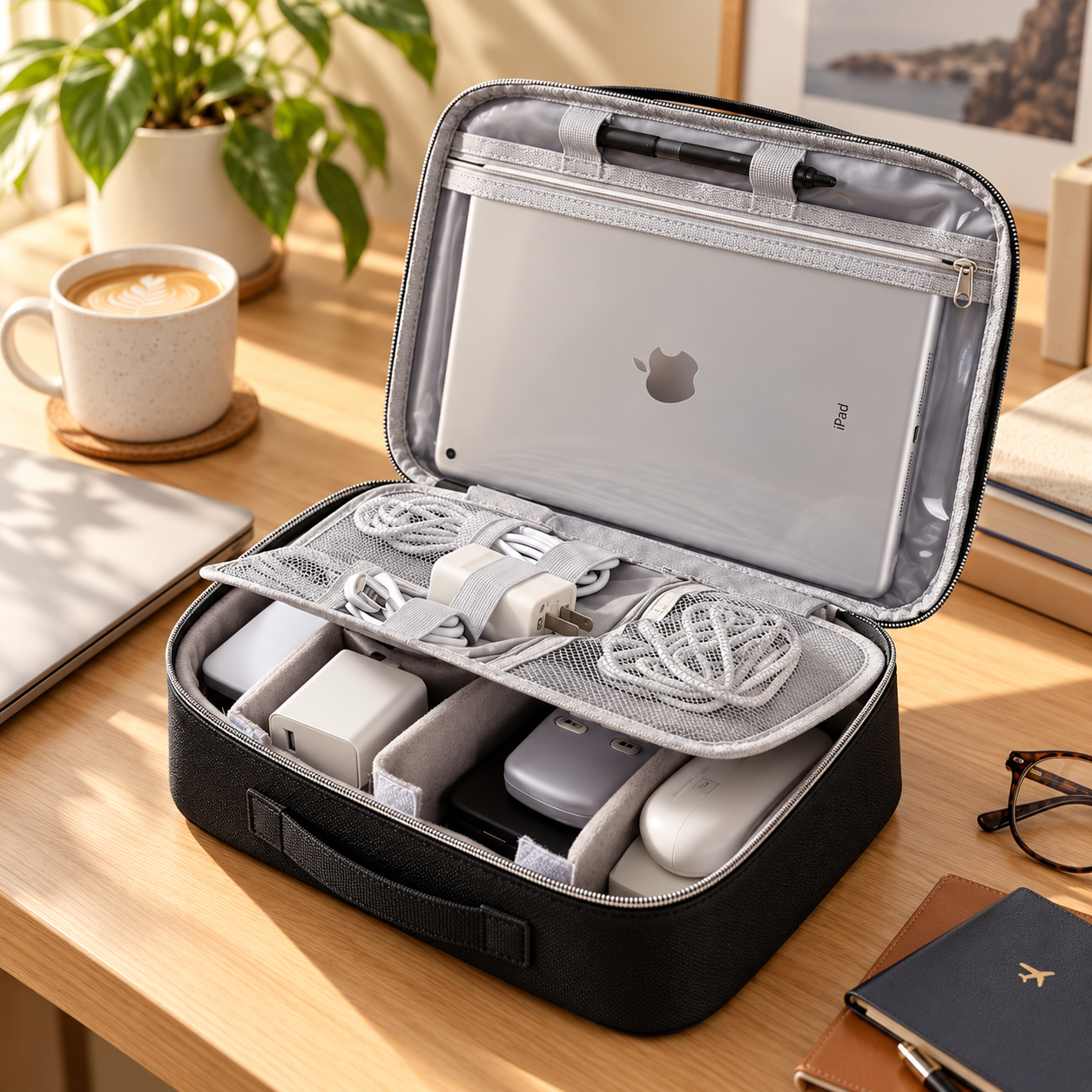 An open black travel electronics organizer containing an iPad, charging cables, chargers, and other accessories on a wooden desk, with a cup of coffee, a closed laptop, a notebook, and sunglasses nearby, and a potted plant in the background.