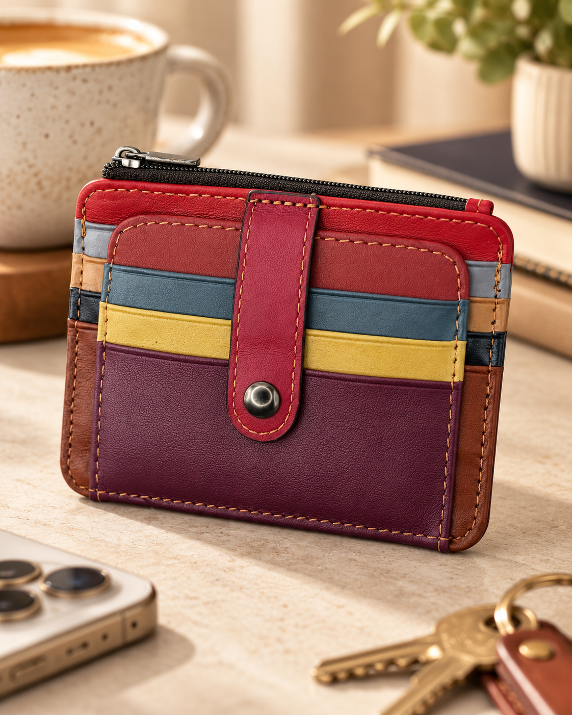 Colorful leather wallet with multiple card slots, a snap closure, placed on a beige surface with a coffee mug, keys, and a plant.