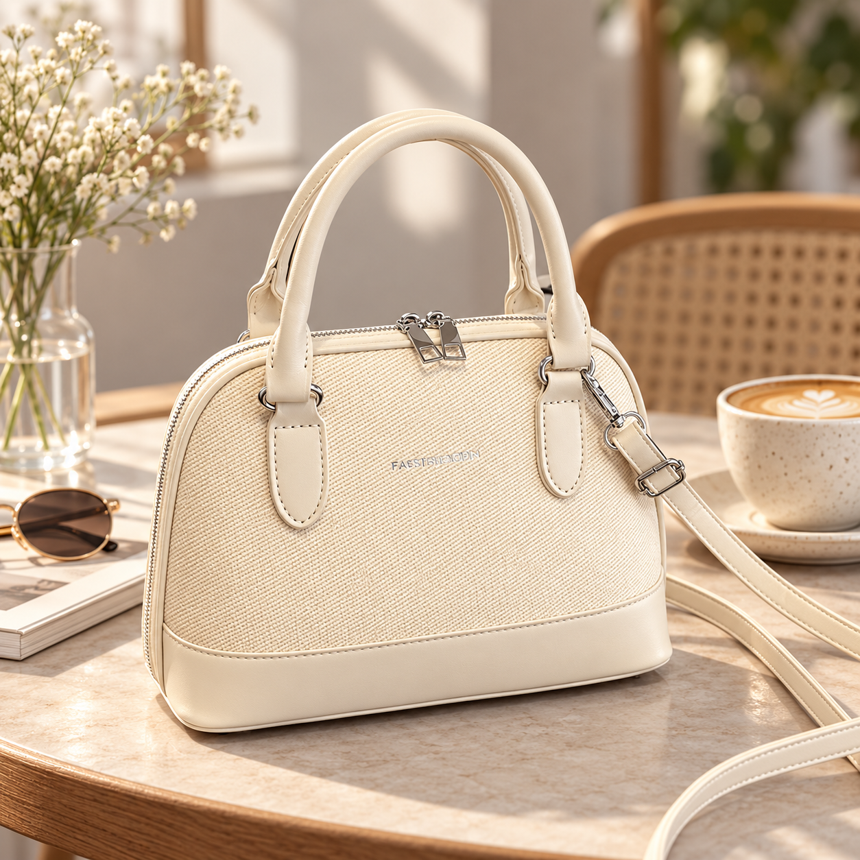 A beige handbag on a table next to sunglasses, a magazine, a cup of latte art coffee, and a vase with white flowers in a cozy setting.
