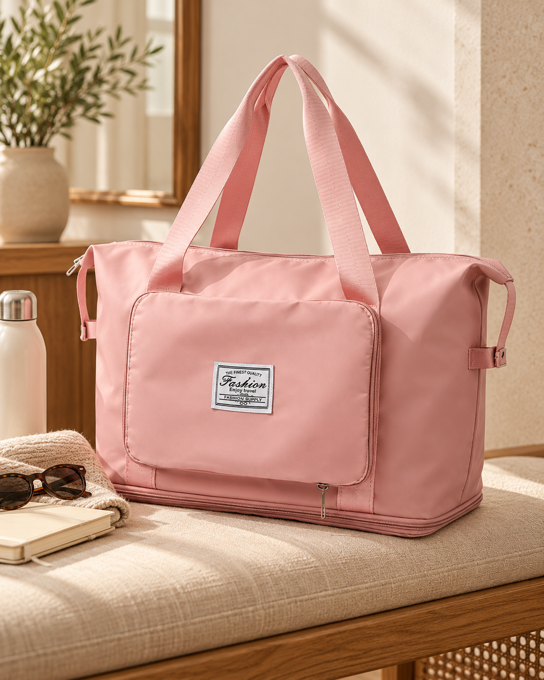 Pink travel bag with large front separate compartment on a table with sunglasses, notebook, and a water bottle inside a room.