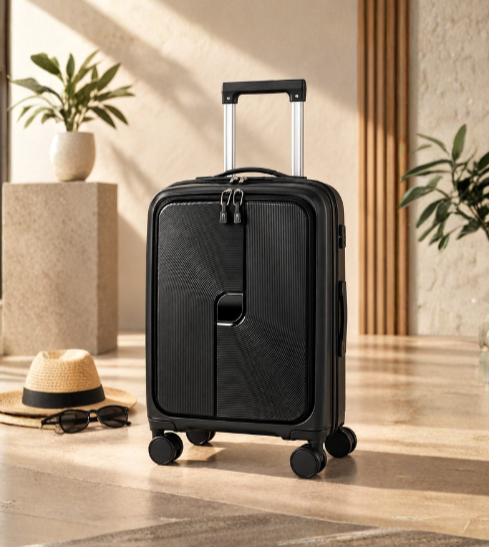 A 20" black expandable suitcase with a retractable handle, TSA lock and four wheels.