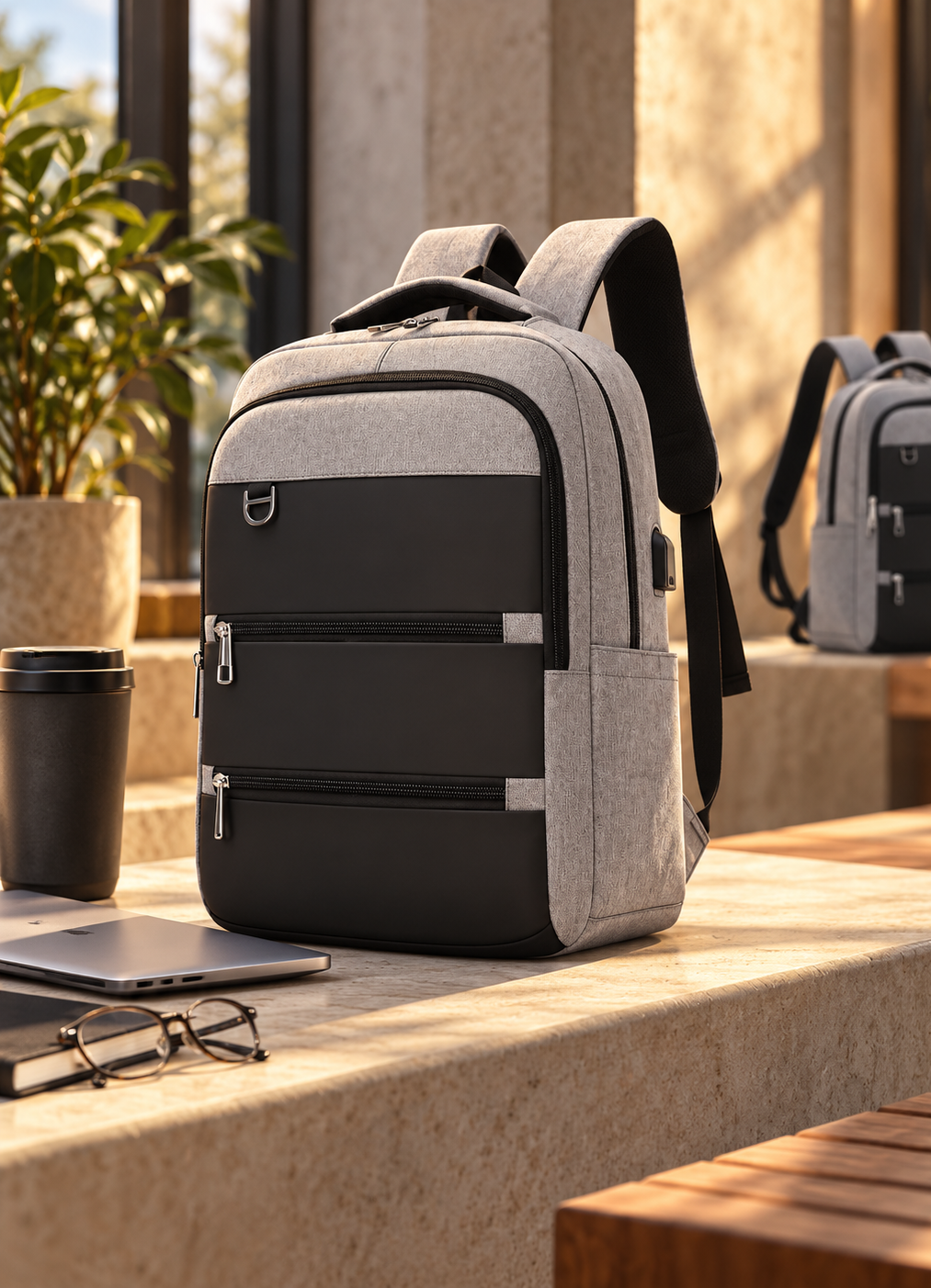 Multi-compartment backpacks for school on a table with a laptop, glasses, a coffee cup, and a potted plant nearby.