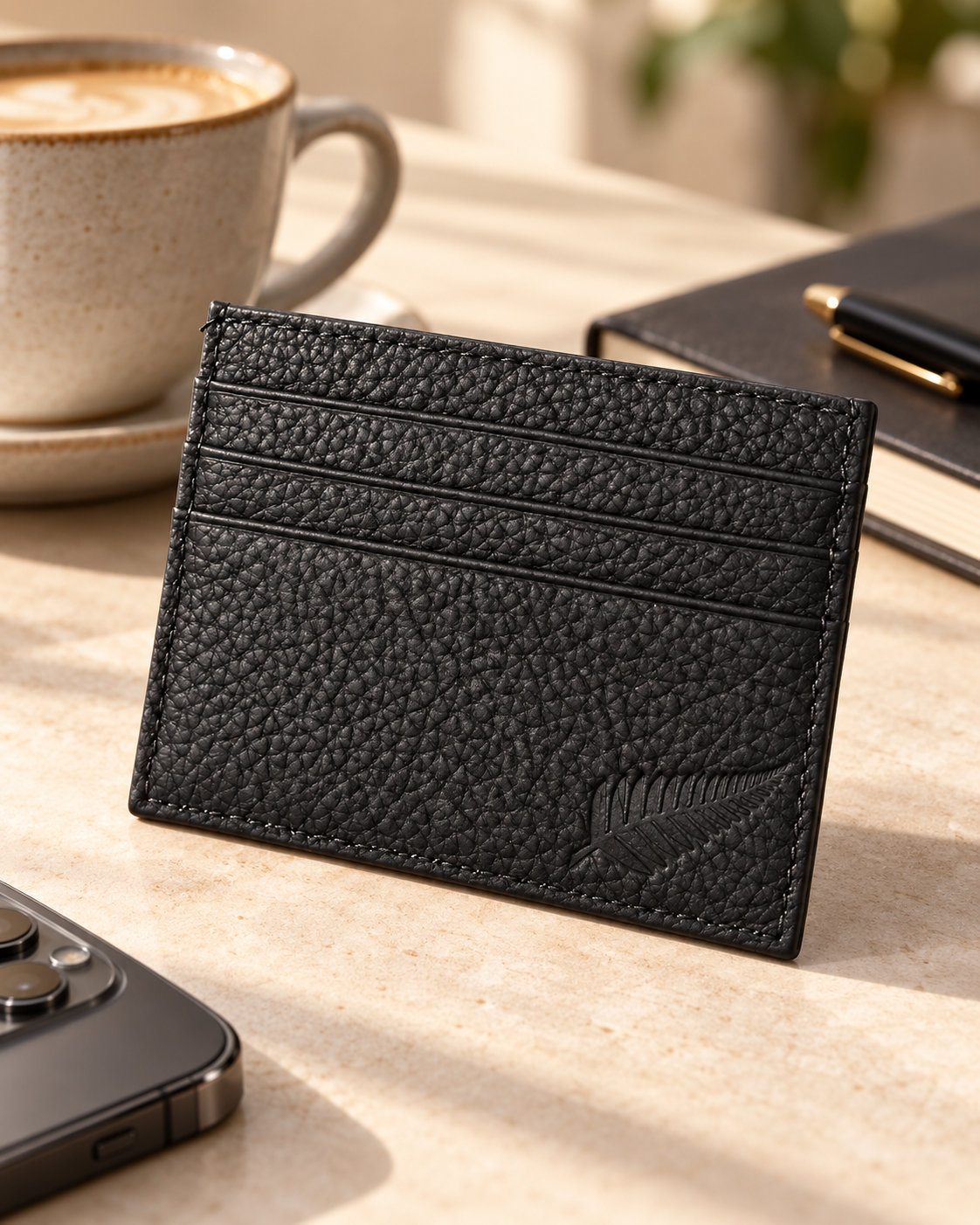 Black textured leather cardholder with fern leaf embossing on the bottom right corner.