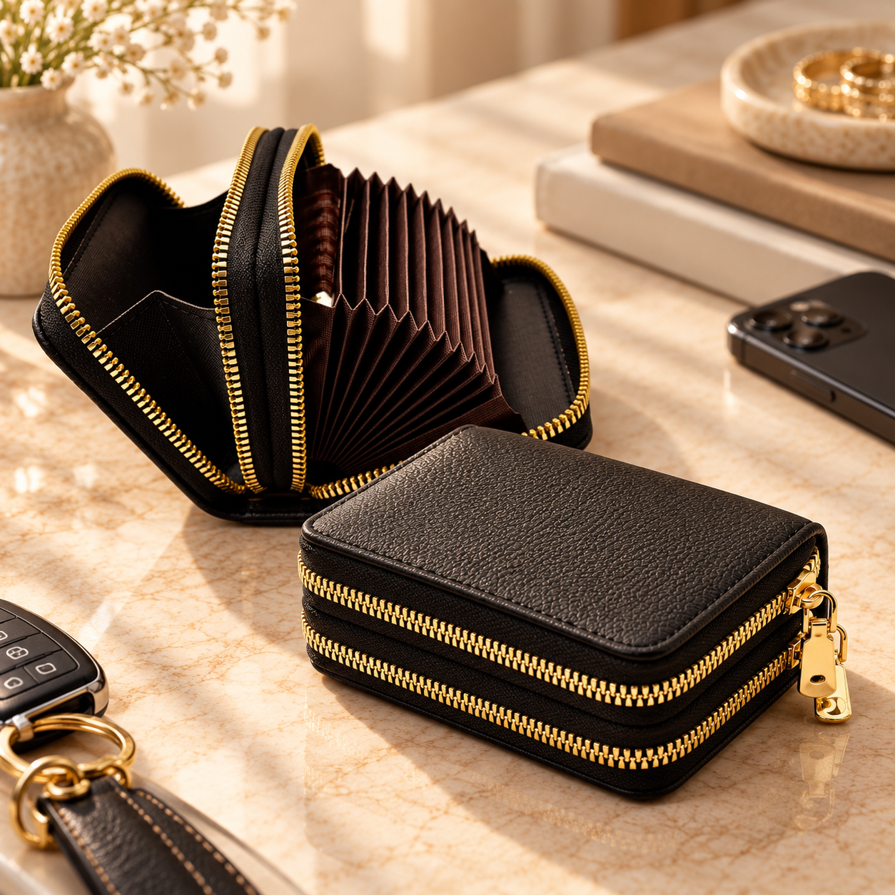 A black wallet with gold zippers on a marble surface, with a black zippered case and an open accordion-style wallet.