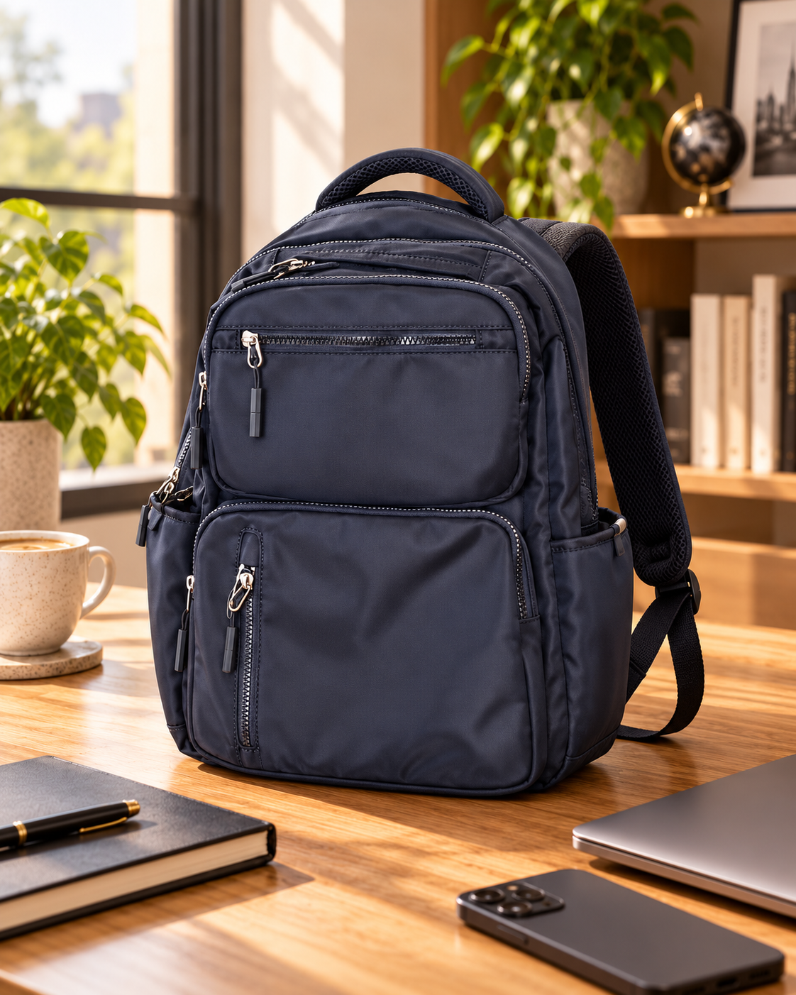 A navy blue backpack with several independent zip sections on a wooden desk.