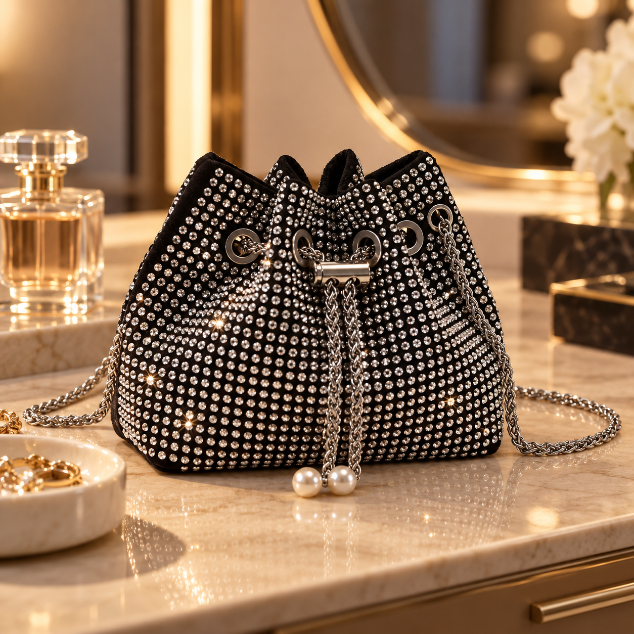 A black purse decorated with numerous rhinestones, featuring silver chains and pearl details, on a marble countertop with perfume bottles and jewelry around it.