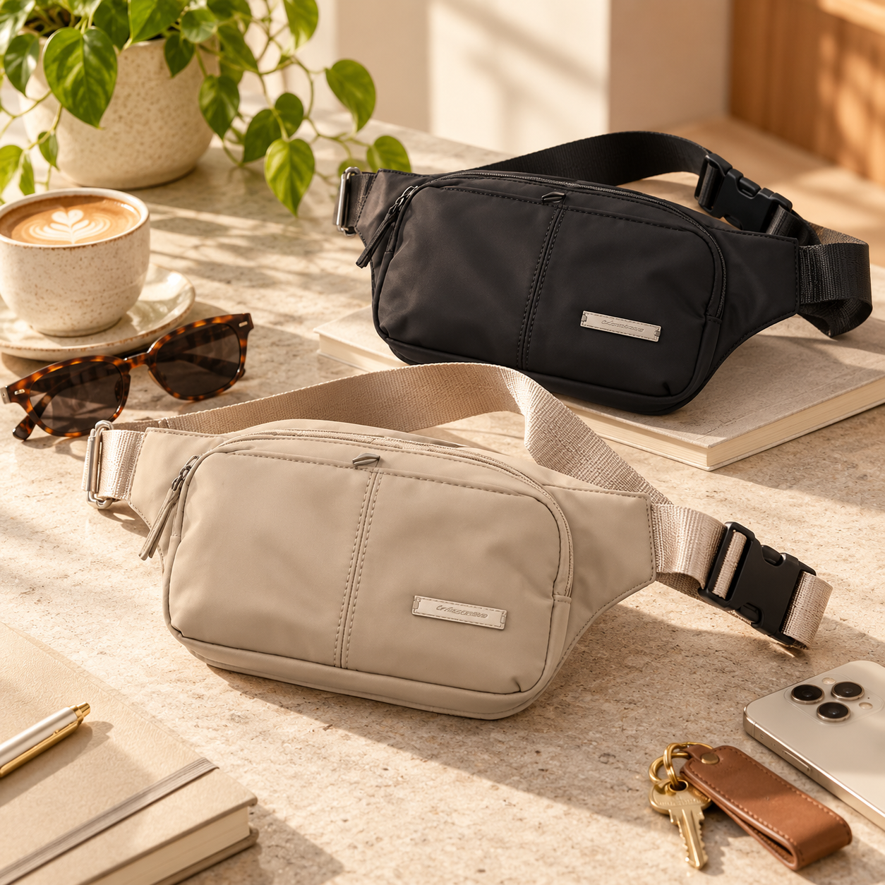 Two crossbody bags with front zippers, one black and one beige, placed on a countertop with accessories including sunglasses, a cup of coffee, a smartphone, keys, and notebooks, with a plant in the background.